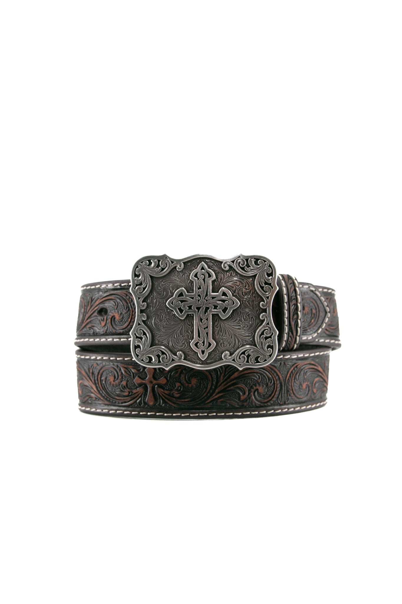 Nocona Girls Embossed Cross Brown Leather Belt for Kids | Western Style Fashion Accessory for School, Church & Special Occasions