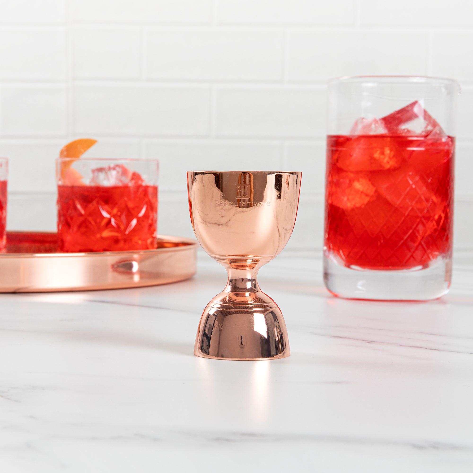 1 oz & 2 oz Copper Plated Stainless Steel Cocktail Jigger - Professional Bar Measuring Cup for Mixing Negroni, Martini, Old Fashioned - Perfect for Home Bars & Cocktail Parties (1 Count)