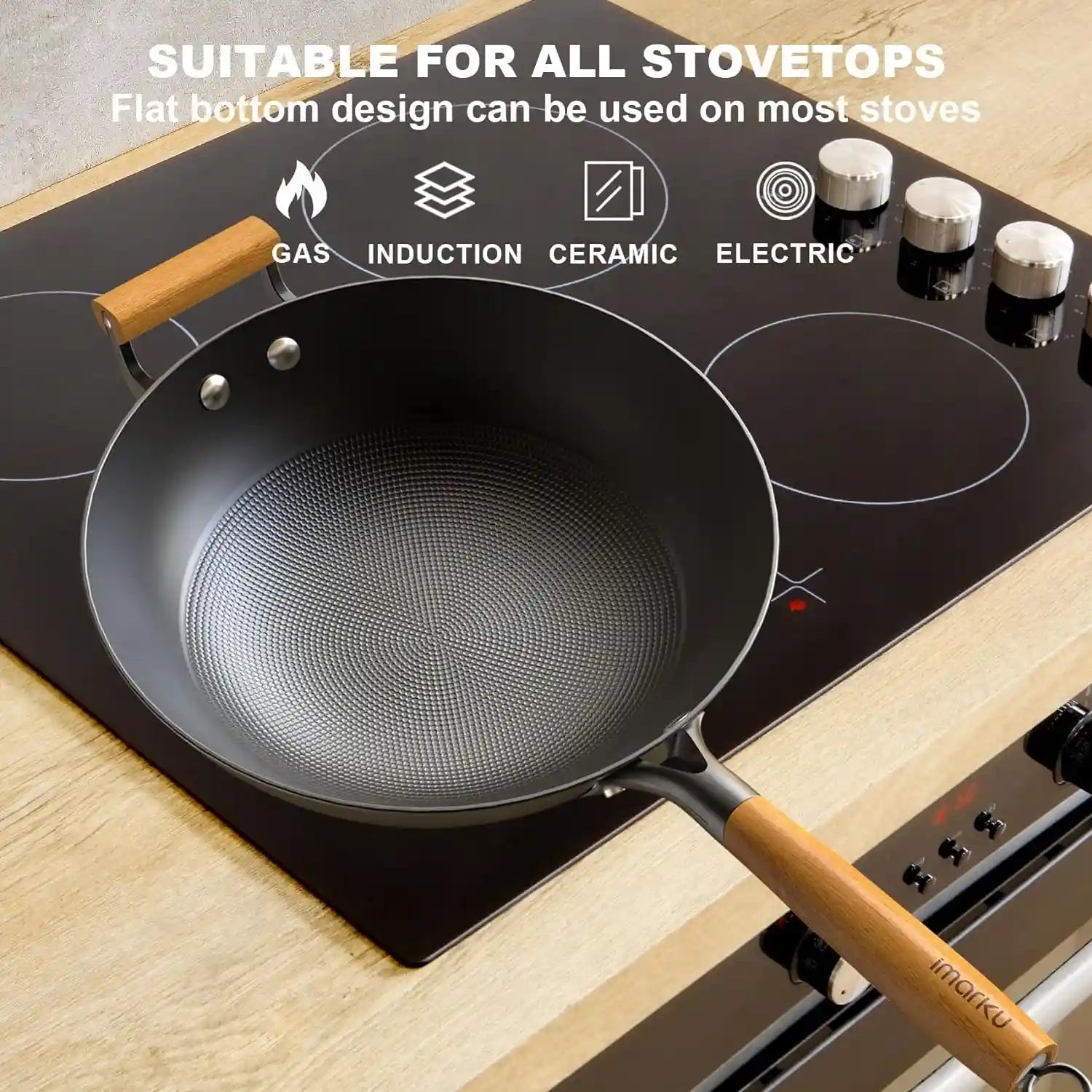 12.6 Inch Carbon Steel Nonstick Wok Pan - Professional Chinese Stir Fry Pan for Home Cooking, Restaurant Use & Healthy Meal Prep
