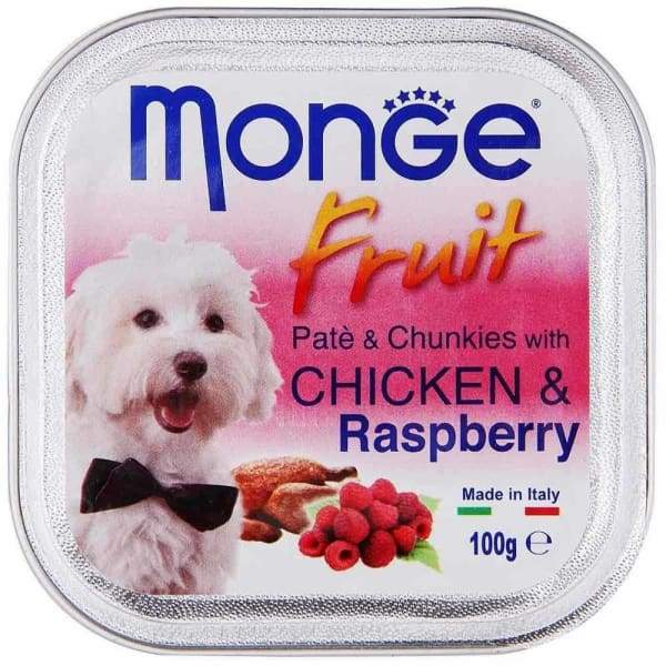 Premium Monge Fruit Chicken & Raspberry Pate with Chunkies Tray Dog Food - 100g | Grain-Free, Natural Ingredients for Small & Medium Breeds | Perfect for Training, Travel & Special Treats