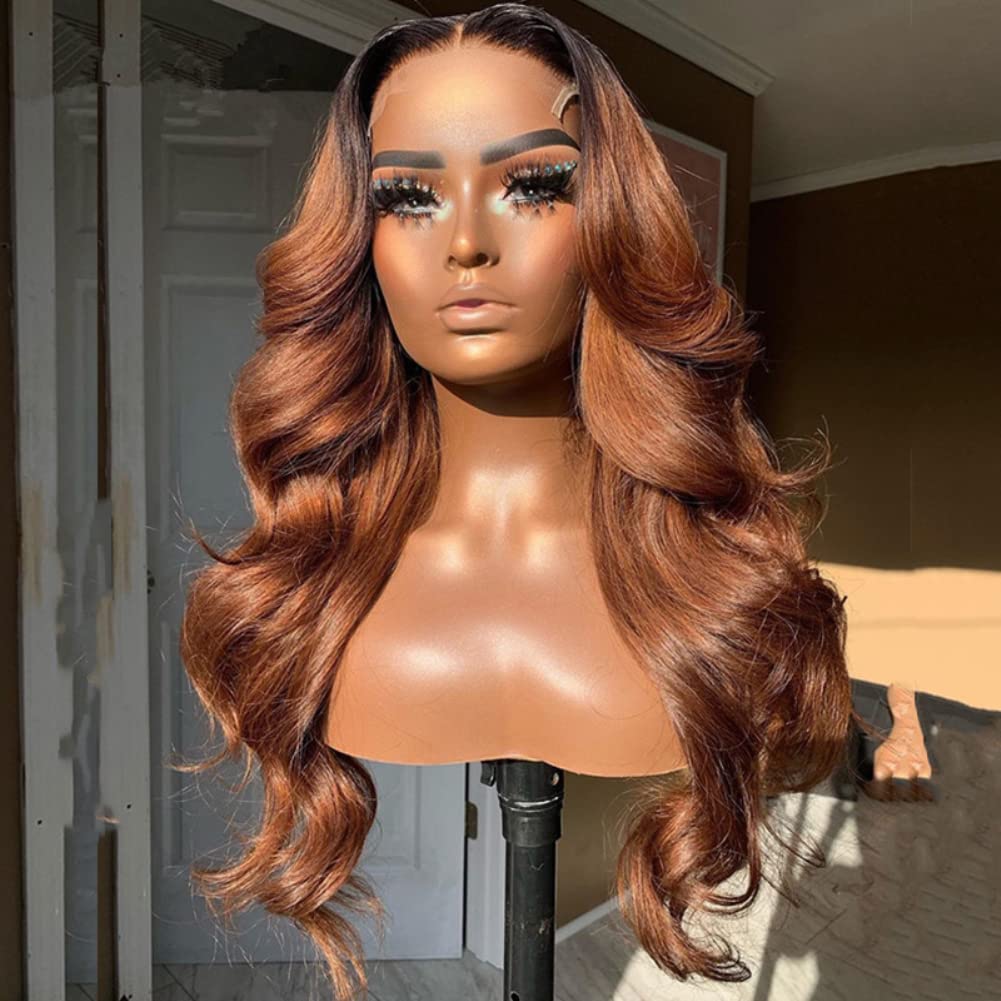 Ombre Brown #1bT30 Body Wave 5x5 Silk Top Brazilian Virgin Human Hair Wig with Dark Roots - 26 Inch 180% Density Silk Base Lace Closure Wig for Women | Perfect for Daily Wear, Parties & Special Occasions