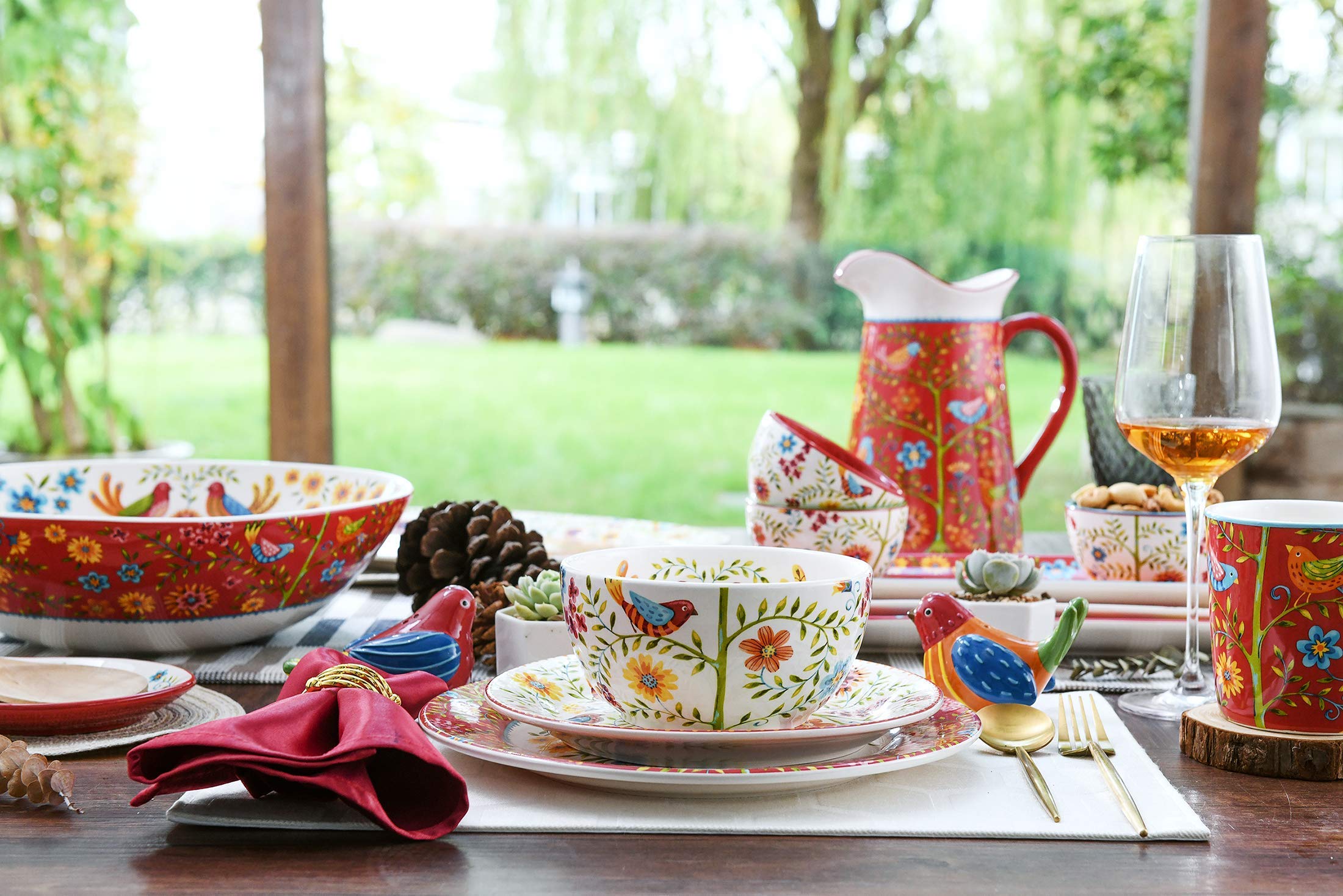 Bico Red Spring Bird 16-Piece Ceramic Dinnerware Set for 4 - Includes 11