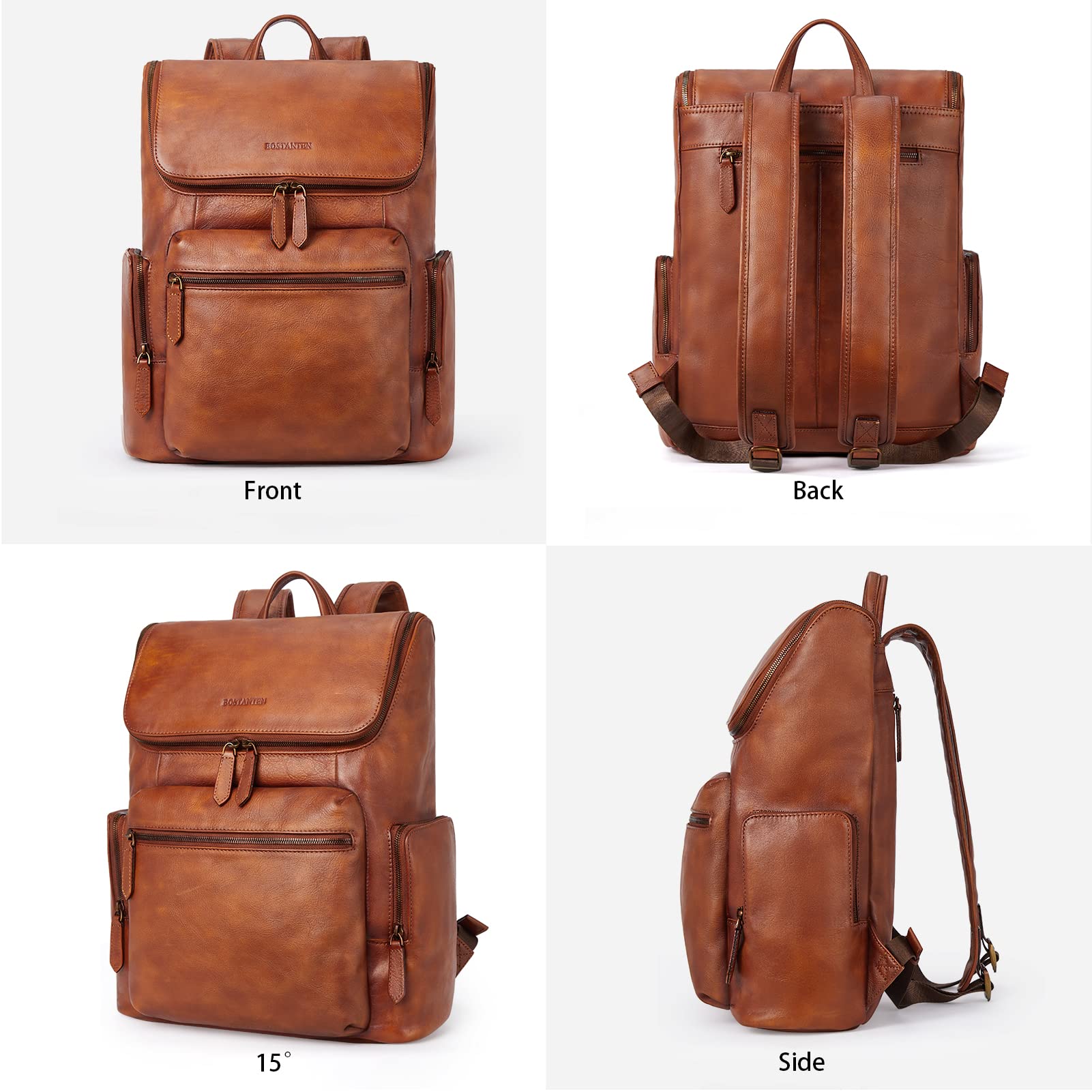 BOSTANTEN Vintage Leather Backpack for Men - 15.6 Inch Laptop Backpack, Large Capacity Travel & Office Shoulder Bag (Red Brown) - Perfect for Business, Commuting & College Use