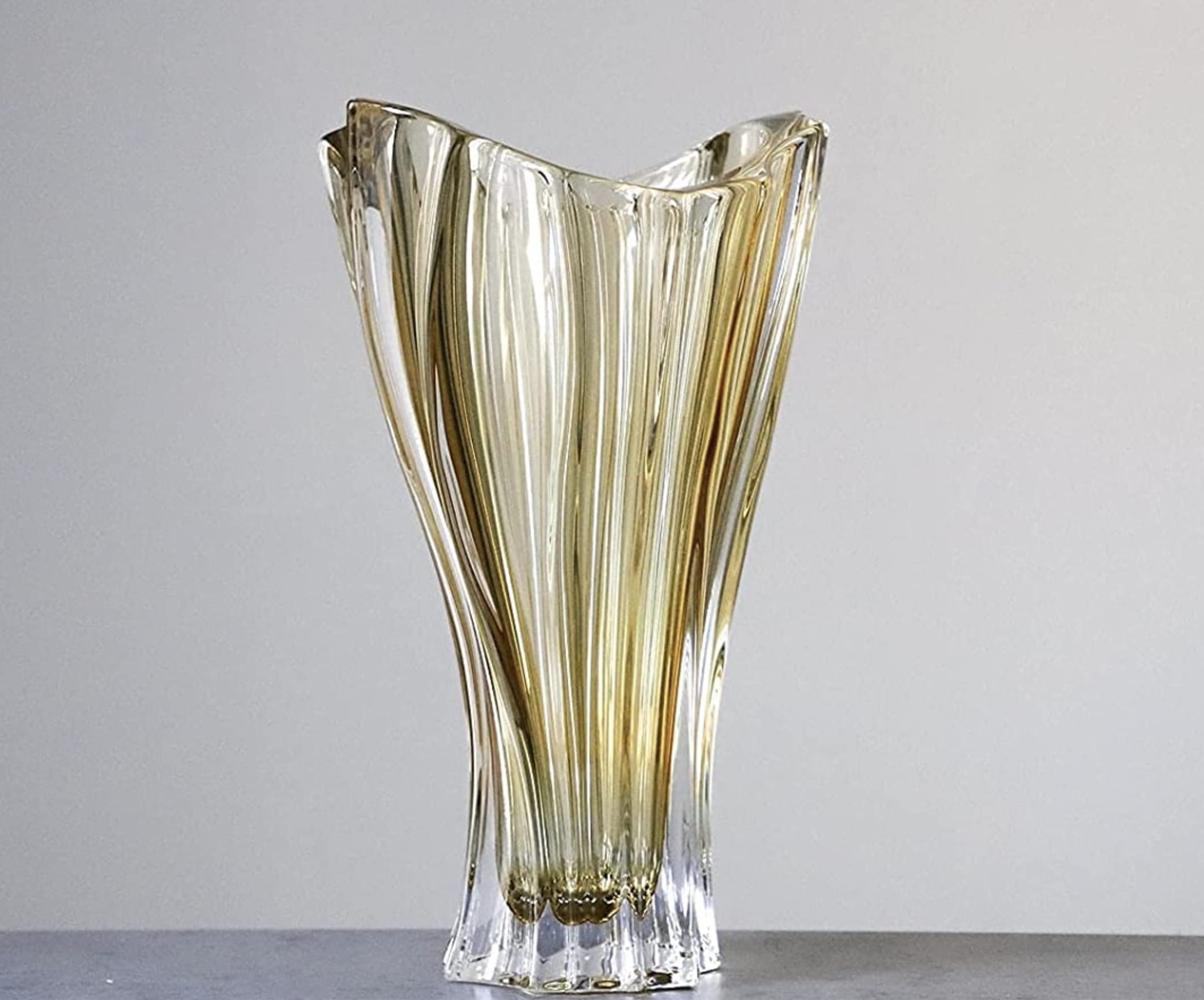 Czech Bohemian Crystal Glass Vase 12'' Tall - Amber Yellow Vintage European Design Elegant Centerpiece for Flowers | Perfect for Weddings, Anniversaries, Housewarming & Home Decor