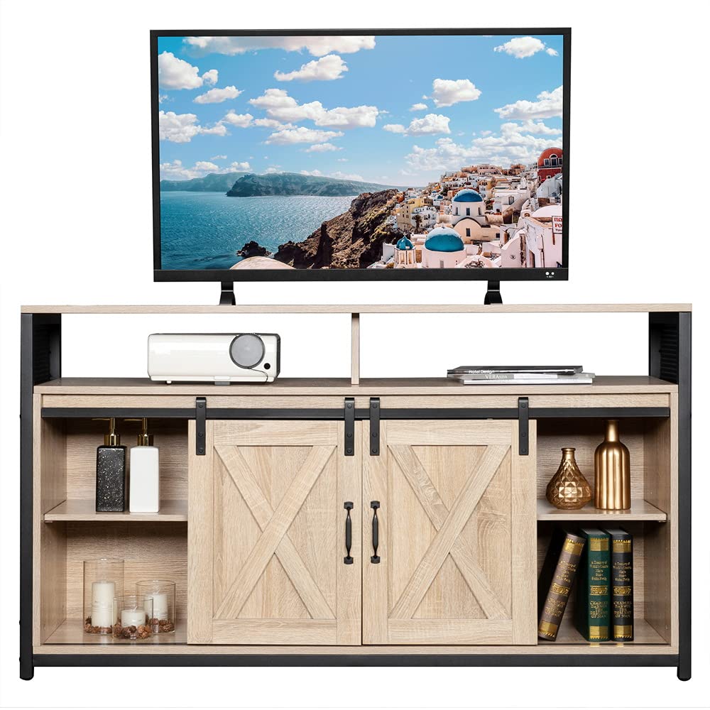 4-Layer Double Barn Door TV Stand with Sliding Rail & X-Shaped Panels - Industrial Style MDF Cabinet in Triamine White Oak Finish | Perfect for Living Room, Bedroom & Home Theater Setup