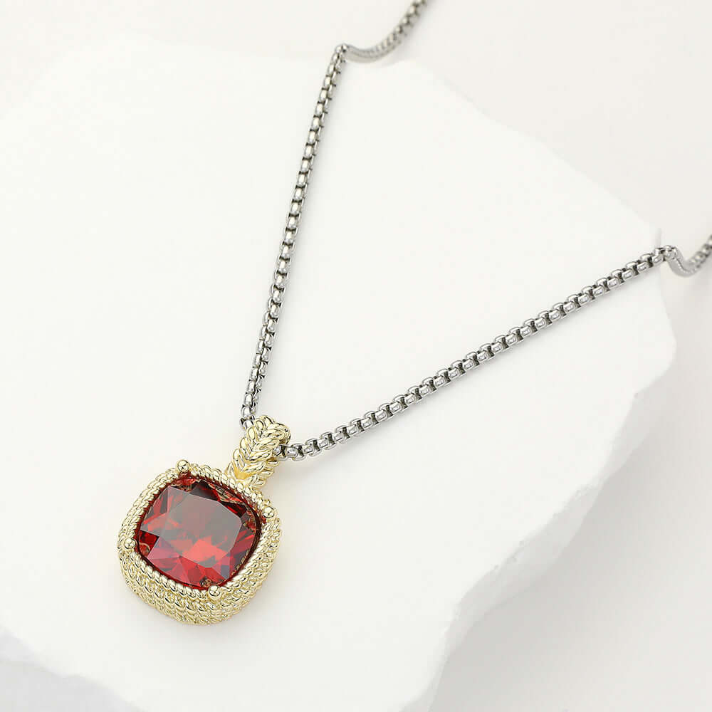 14K Gold Plated Square CZ Pendant Necklace with Red Stone - Elegant Jewelry for Women, Perfect for Parties, Weddings & Everyday Wear