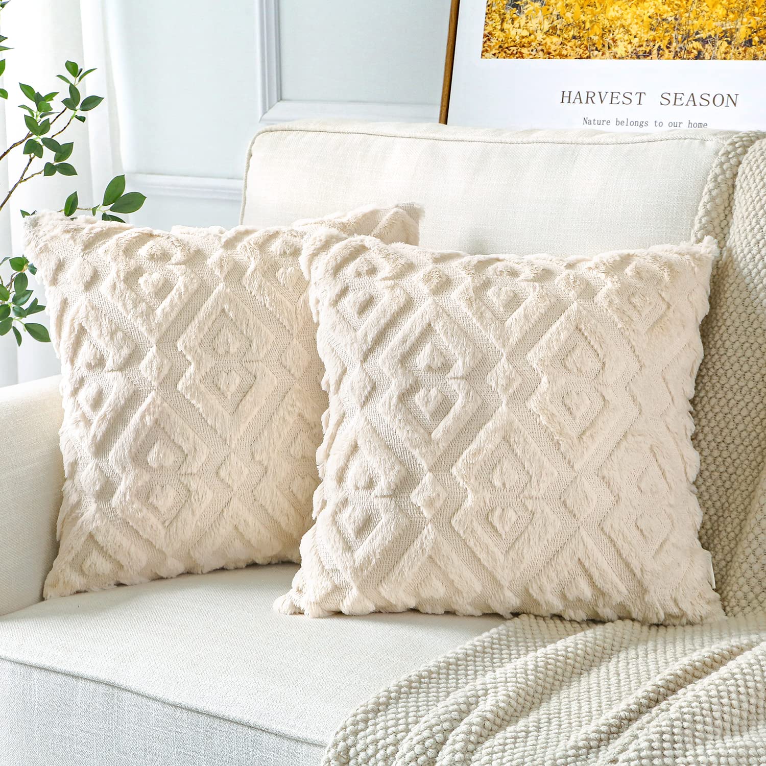 Artscope 2-Pack Soft Plush Short Wool Velvet Decorative Throw Pillow Covers - Luxury European Style Cushion Covers for Sofa & Bedroom - Diamond Pattern in Cream Beige (12x12 Inches) - Perfect for Home Decor, Living Room Accents & Cozy Bedroom Styling