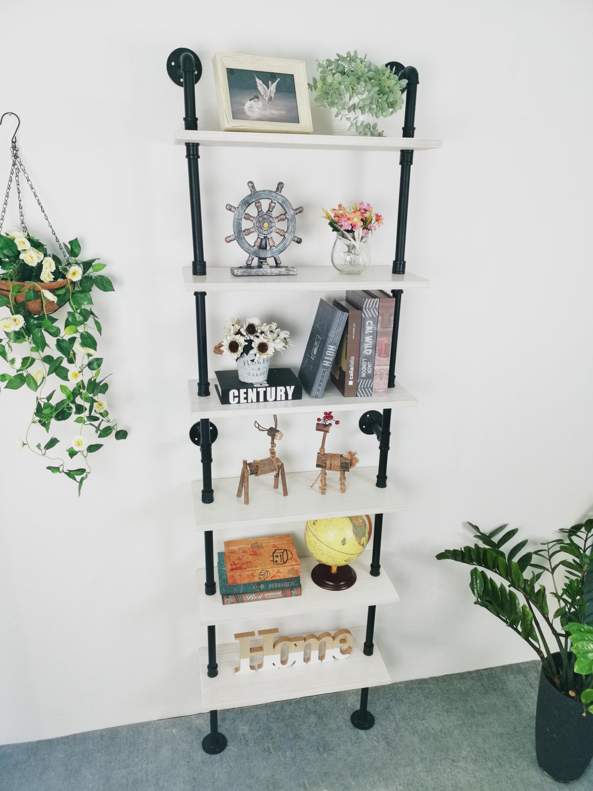 Industrial Ladder Pipe Shelves - Wall Mounted Wood & Metal Rustic Bookshelf for Living Room, Bedroom, Office - 6 Tier Storage Shelf (10