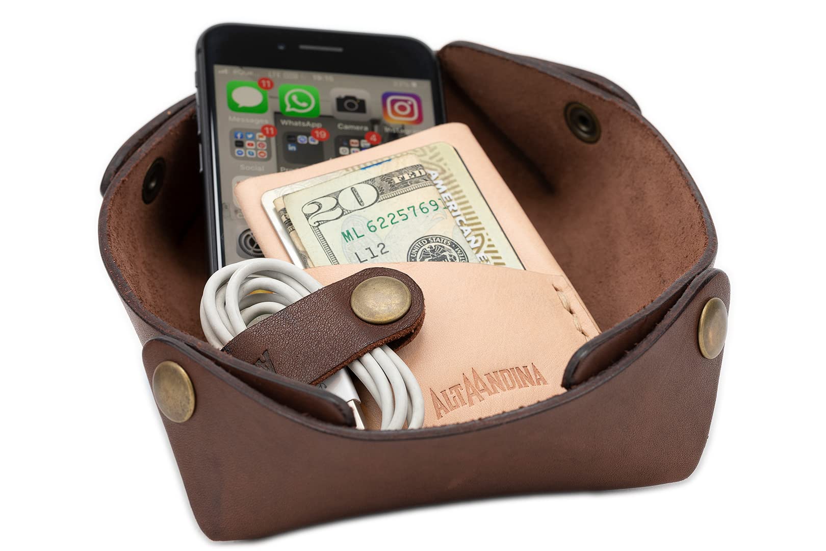 Premium Vegetable-Tanned Leather Travel Valet Tray - Collapsible Catchall Organizer for Keys, Wallet & Jewelry | Flattens for Storage | Perfect Nightstand & Dresser Tray for Men & Women (Brown Café) | Ideal for Home, Office & Travel Accessories Organization