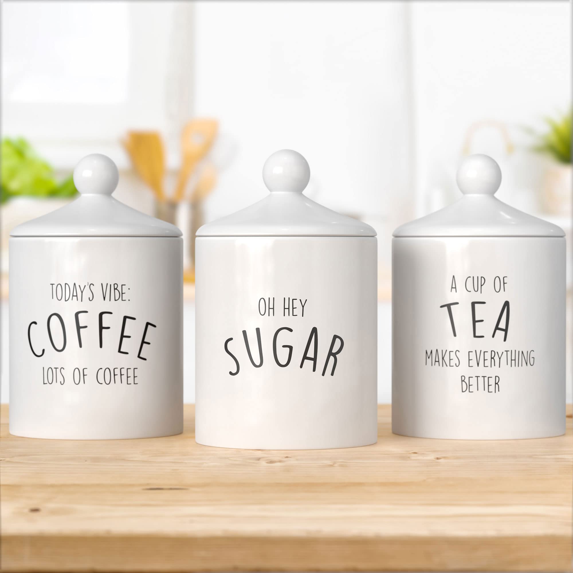 Barnyard Designs Ceramic Kitchen Canister Set – Farmhouse Style Coffee, Tea & Sugar Storage Containers, Rustic Countertop Jars for Kitchen Organization (White, 3-Piece Set) – Perfect for Coffee Stations, Pantry Storage & Farmhouse Decor