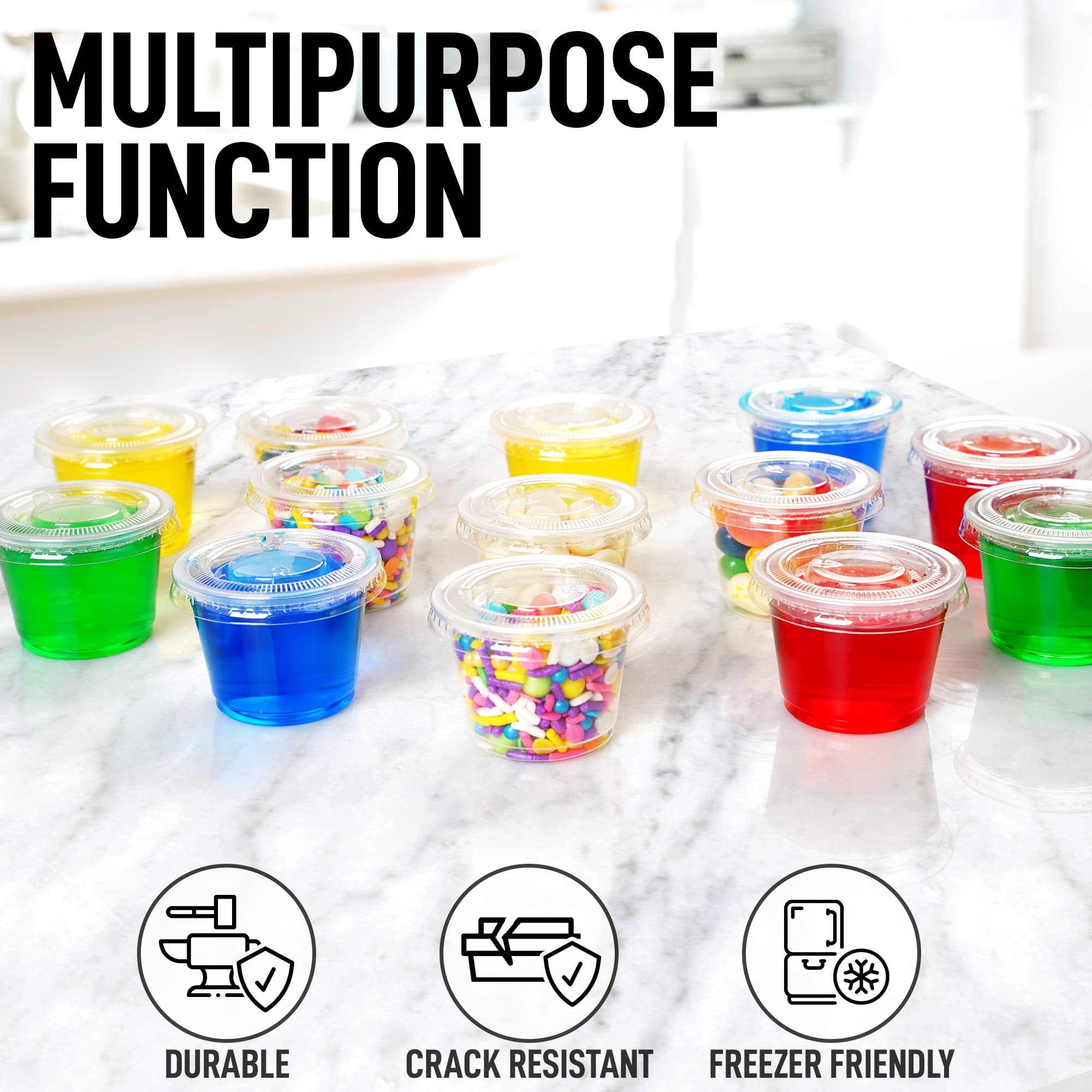 50 Pack Clear Halloween Jello Shot Cups with Lids (1 Ounce) - Disposable Plastic Portion Cups for Slime, Candies, Sauces, Salad Dressings - Perfect for Parties, Baking, Catering & Food Storage