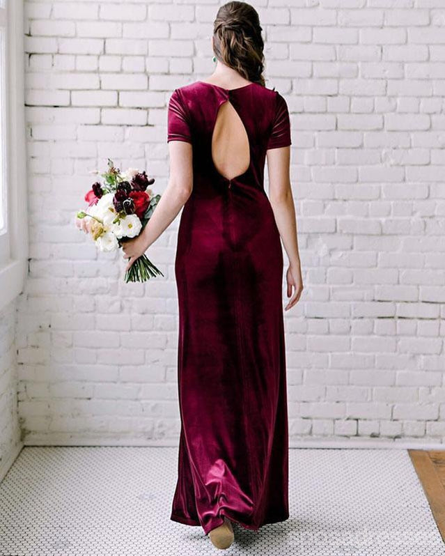 Elegant Burgundy Mermaid Bridesmaid Dress with Short Sleeves & Open Back - WG1149 | Perfect for Weddings, Formal Events & Special Occasions