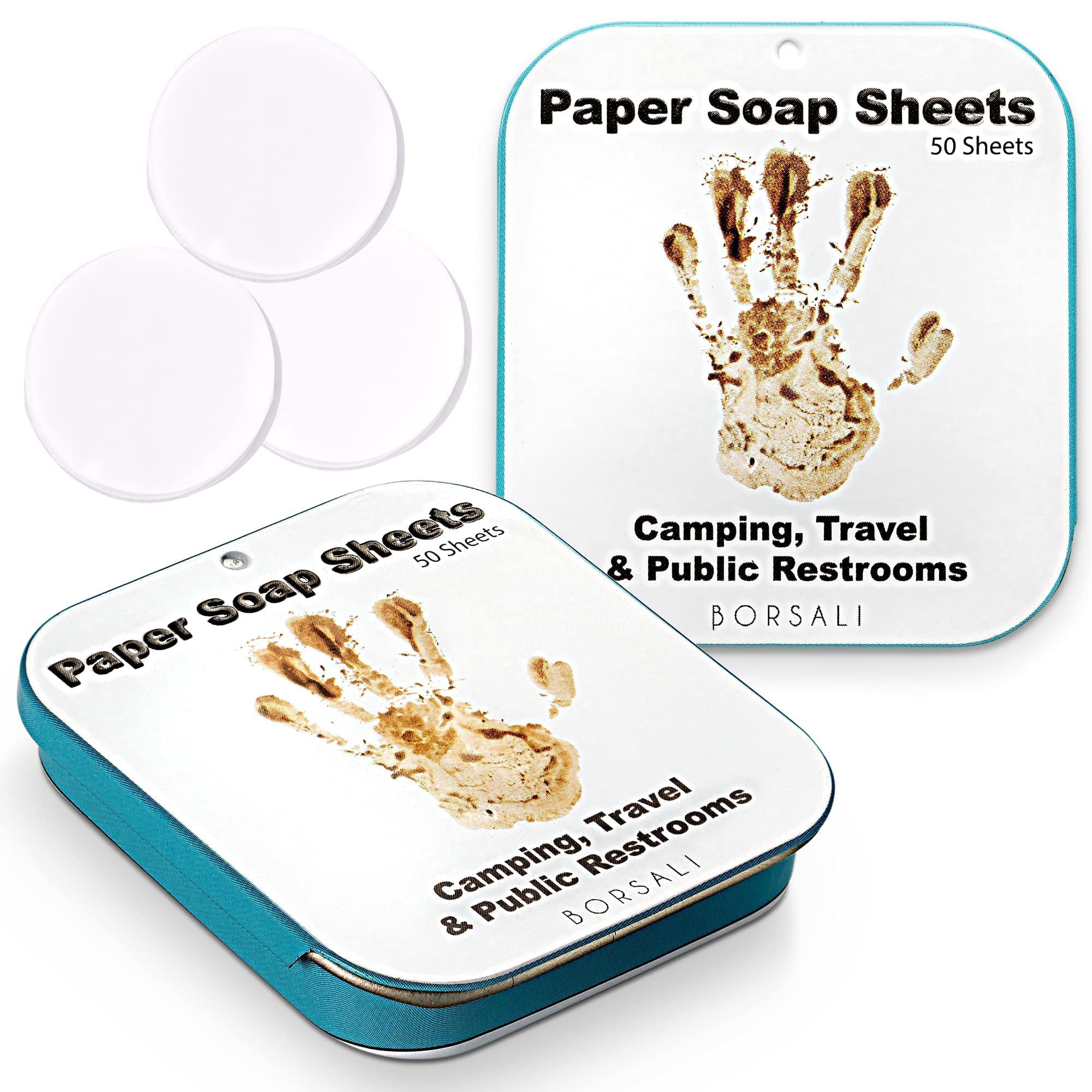 BORSALI Eco-Friendly Paper Soap Sheets with Portable Hanging Toiletry Bag - Perfect for Travel, Camping, Gym & Emergency Kits