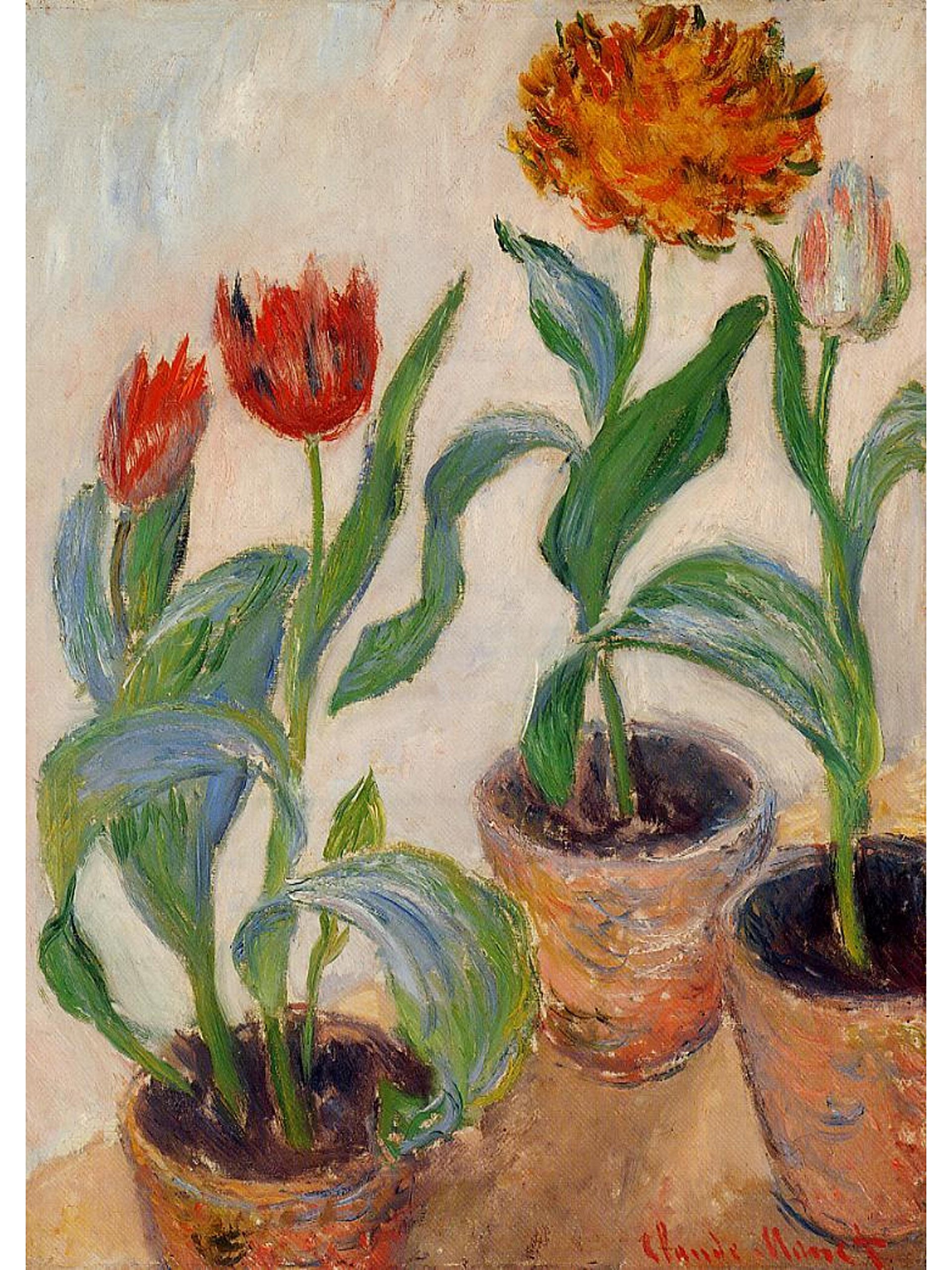 Claude Monet Three Pots of Tulips Painting - Famous Impressionist Floral Artwork for Home Decor & Office Wall Art