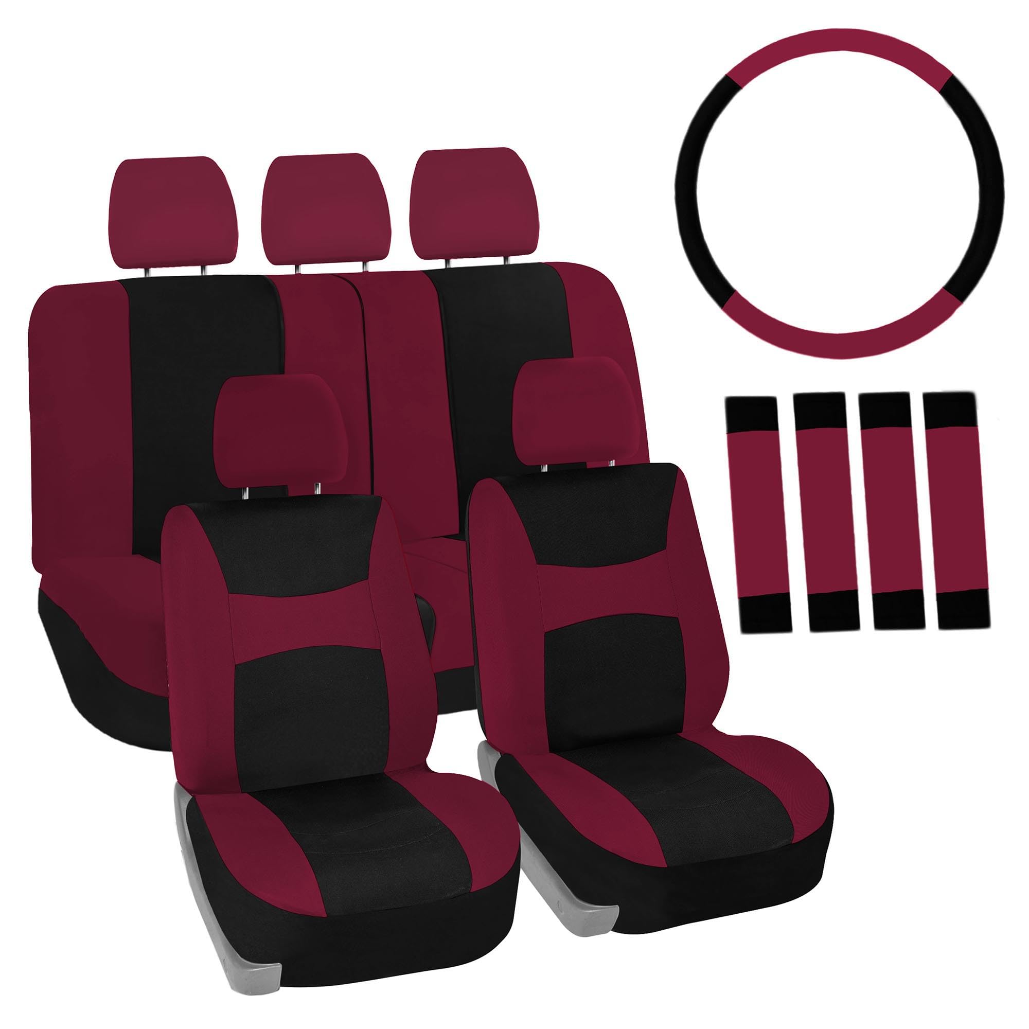 TLH Lightweight Breathable Burgundy Car Seat Covers - Split Bench Design, Airbag Compatible | Waterproof Vinyl Floor Mats Set | Perfect for Daily Commute & Road Trips | Universal Fit for Most Vehicles