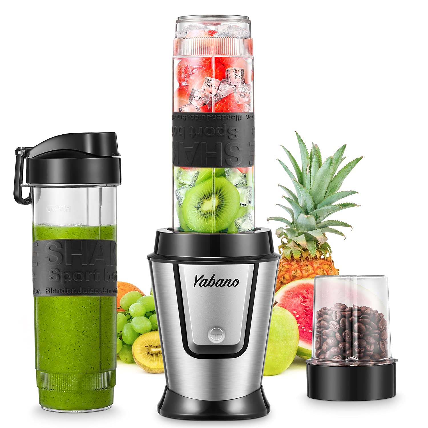 **Yabano 500W 2-in-1 Personal Blender & Grinder - 2x600ml BPA-Free Portable Bottles for Smoothies, Ice, Fruits & Vegetables - Compact for Home, Office & Travel (Silver)**    **Usage Scenarios:** Perfect for making healthy smoothies, crushing ice, blending fruits & veggies at home, work, gym, or on-the-go.