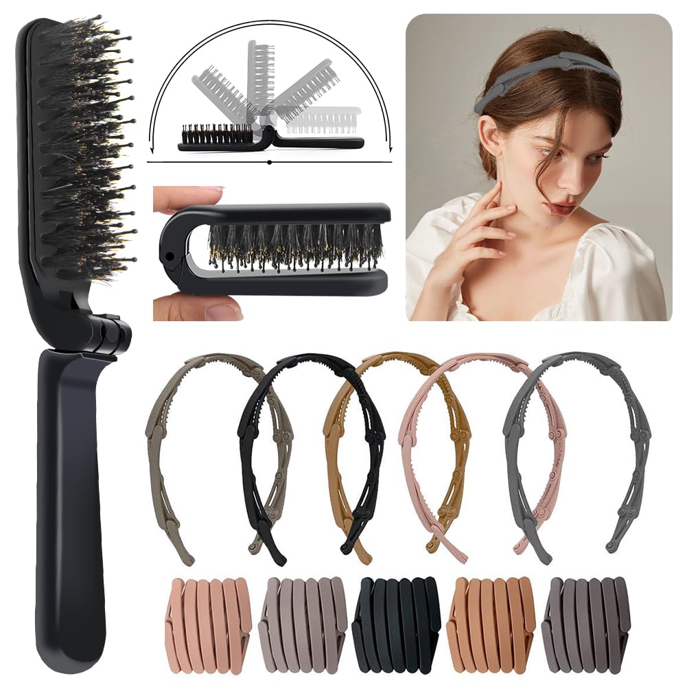 Aozzy Travel Folding Hair Brush with Boar Bristles - Compact Pocket Size Hairbrush for Women & Men - Perfect for On-the-Go Styling, Travel, Gym & Daily Use
