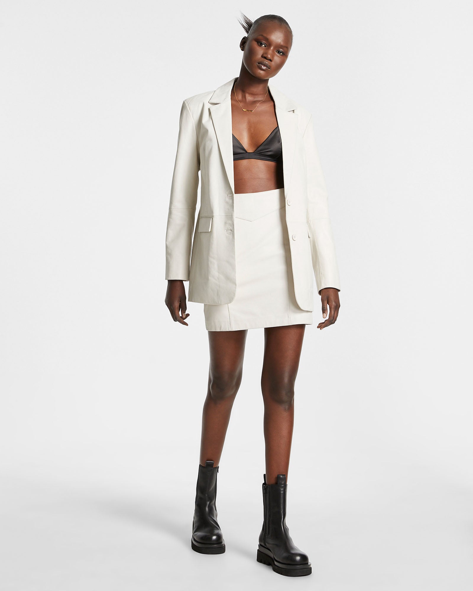 VIVIAN Women's Off-White Genuine Leather Blazer Jacket - Elegant Office Wear & Casual Outfit for Business, Dating, and Special Occasions