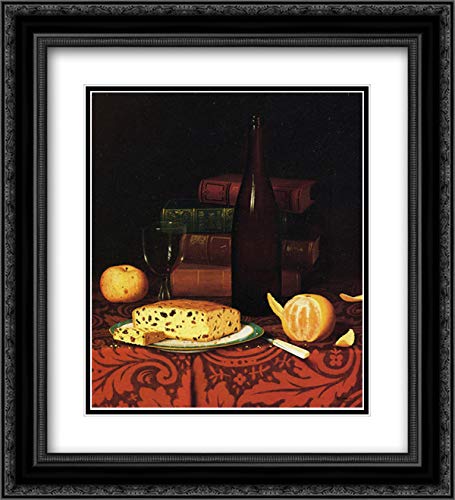 William Michael Harnett Still Life Art Print - 20x22 Inch Framed Painting of Raisin Cake, Fruit & Wine with Black Ornate Frame & Double Mat - Vintage Food Still Life Wall Decor for Dining Room, Kitchen or Art Gallery Display