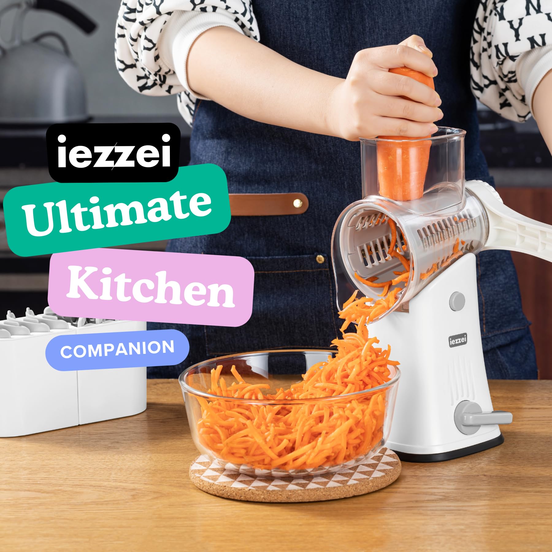 5-in-1 Rotary Cheese Grater with Stainless Steel Blades - Hand Crank Vegetable Slicer, Nut Grinder, Carrot Shredder, Fruit Cutter & Potato Crinkle Cutter - Non-Slip Suction Base for Kitchen, Salad Prep & Meal Preparation