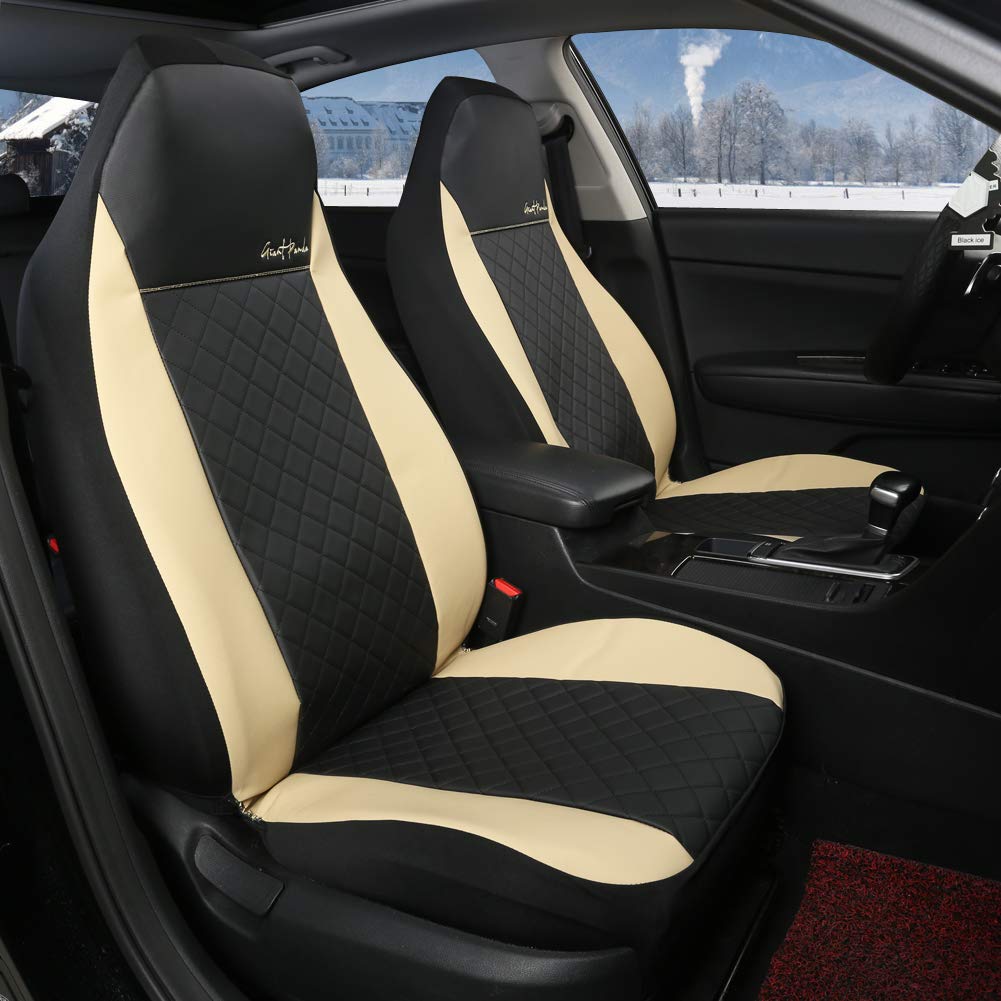 Giant Panda Front Car Seat Covers - Premium Leather High Back Bucket Seat Protectors for Cars, Trucks, SUVs, Jeep, Van & Pickup | Airbag Compatible (Black & Beige) | Perfect for Daily Commute, Road Trips & Off-Road Adventures