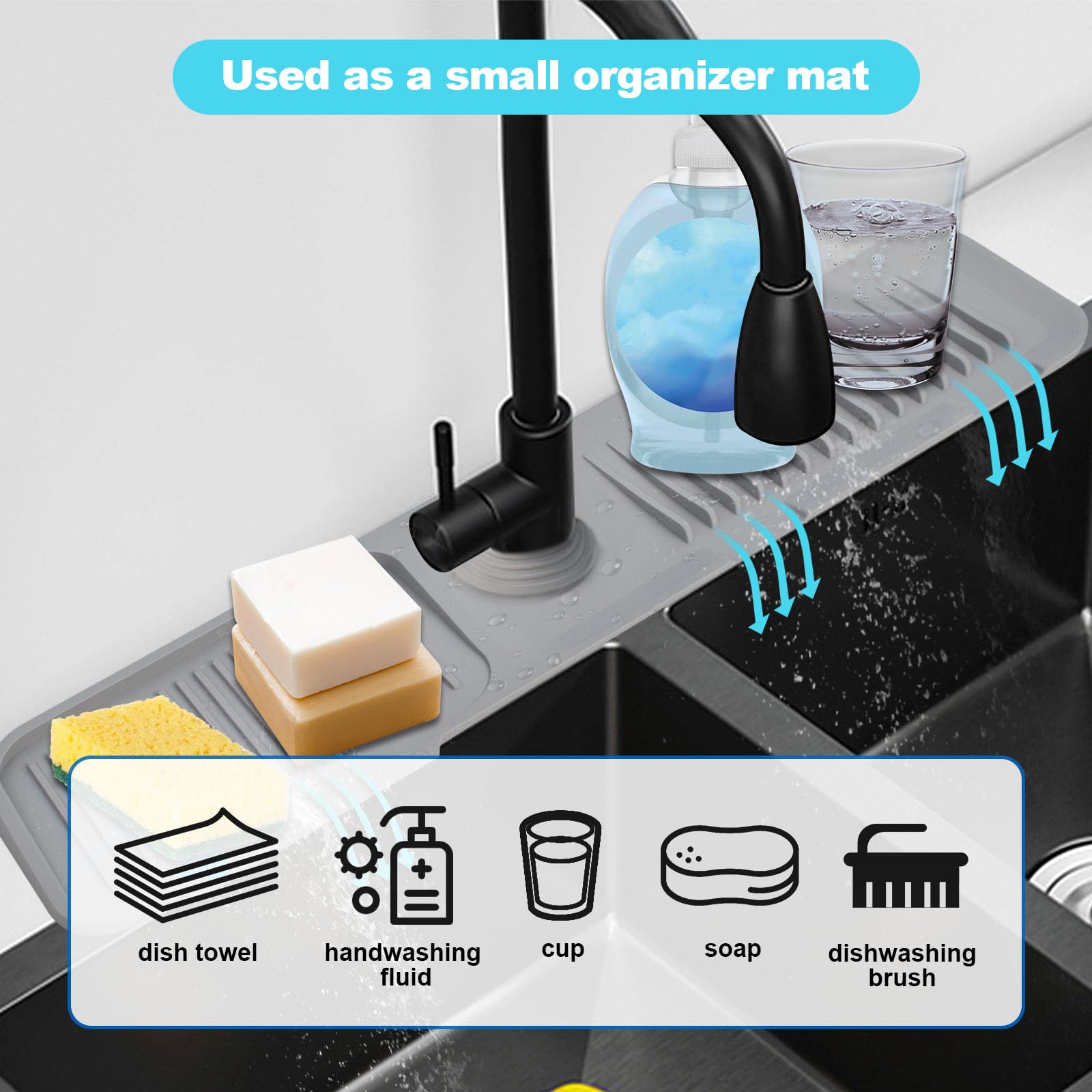 5° Slope Kitchen Sink Splash Guard - Gray Silicone Faucet Mat with Drip Catcher Tray & Soap Dispenser Hole (5x24 Inch) | Non-Slip Sink Organizer for Water Control - Perfect for Kitchen Countertops & Behind Faucet Use