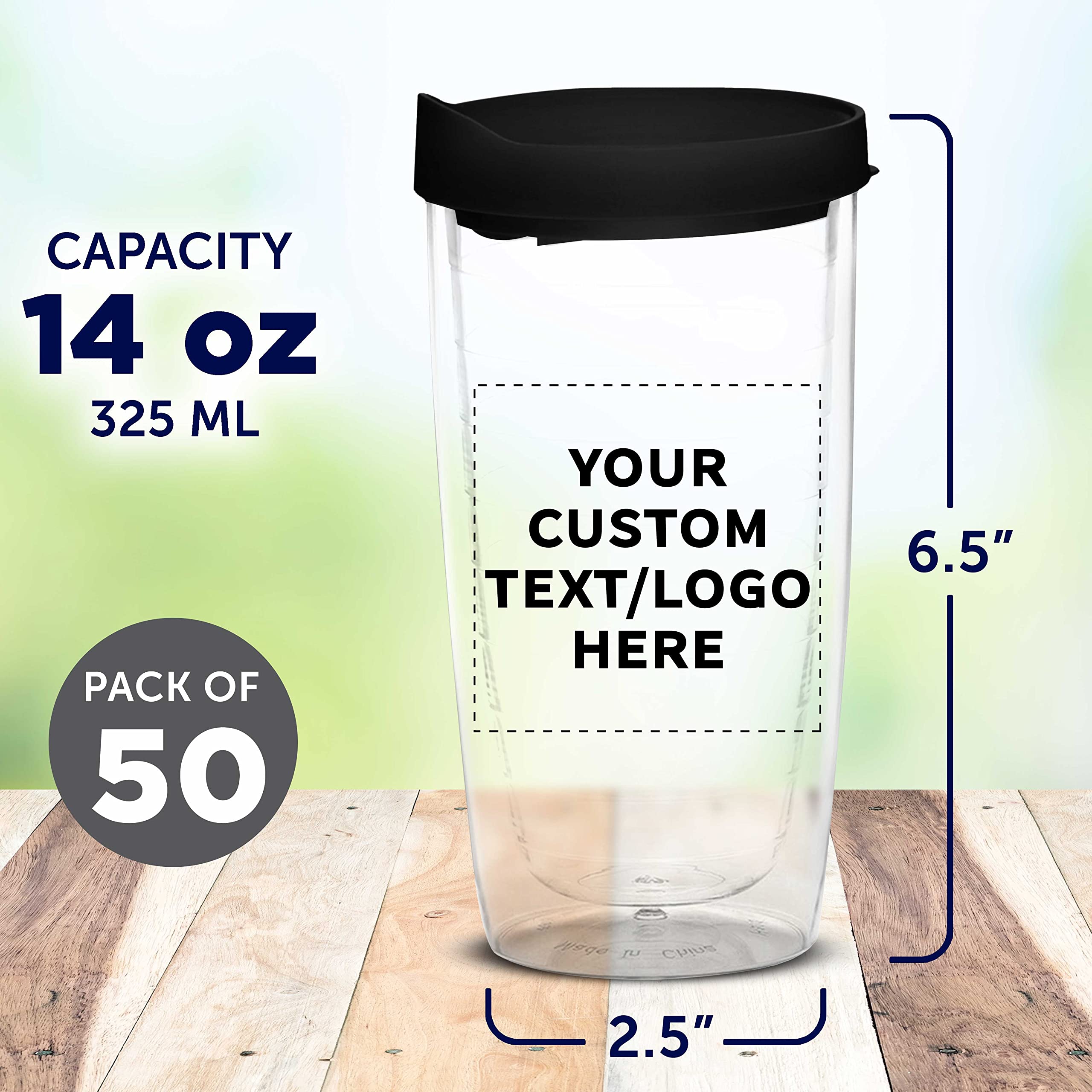 Custom 14 oz Double Wall Plastic Tumblers with Slid-Lock Lid - 50 Pack Personalized Coffee Cups for Travel, Office & Outdoor - Black (Text/Logo Printing Available) - Insulated Cold & Hot Drink Containers for Coffee, Tea, Smoothies & More