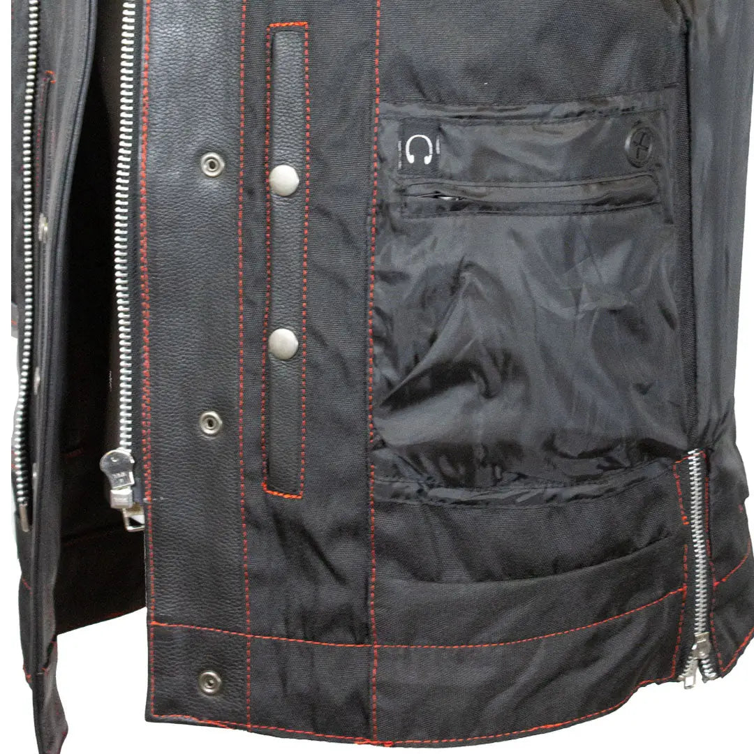Open Road Men's Upside Leather Vest with Red Stitched Diamonds - Stylish Biker Jacket for Motorcycle Riding & Casual Outfits