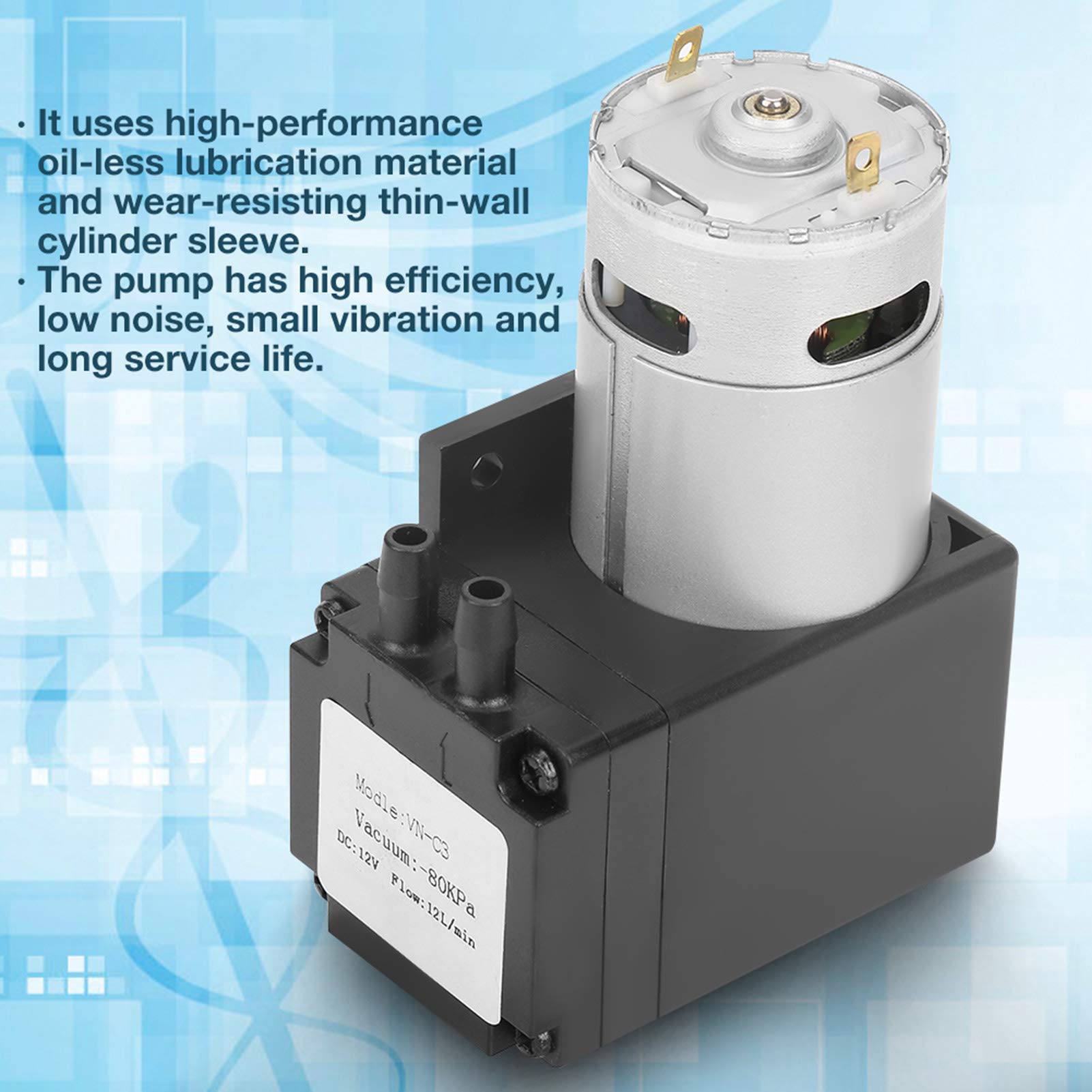 12W Mini Oilless Vacuum Pump, DC12V Constant Pressure Diaphragm Pump 80KPa 12L/min Flow - Ideal for Lab Experiments, Medical Devices & Gas Transfer Applications