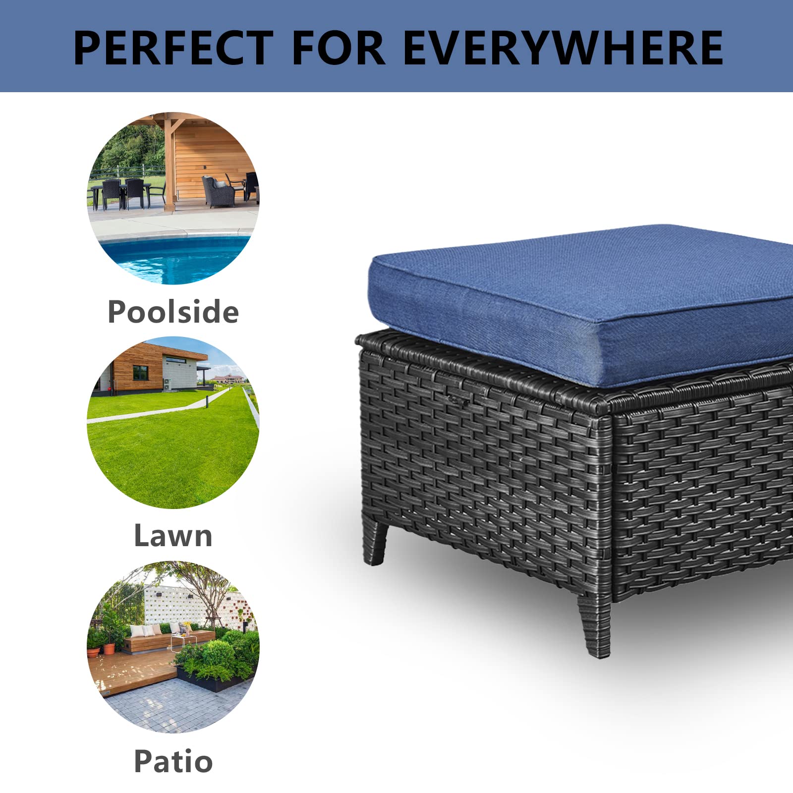 All-Weather Outdoor Furniture Ottoman Set of 2 - Patio Seating Footstool with Soft Cushions, Rattan Wicker Ottoman Seat for Garden, Deck, Poolside & Backyard Relaxation