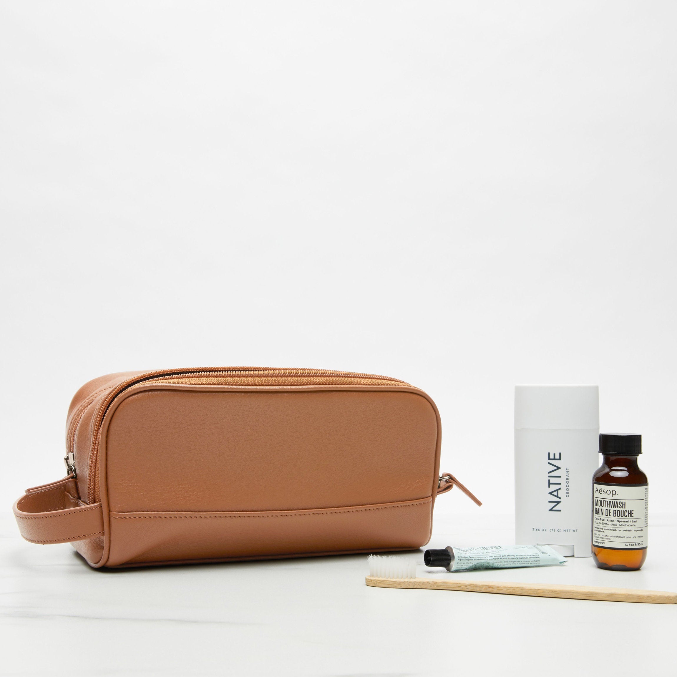 Premium Small Double Zip Toiletry Bag in Cognac - Perfect for Travel, Gym & Daily Essentials Organization