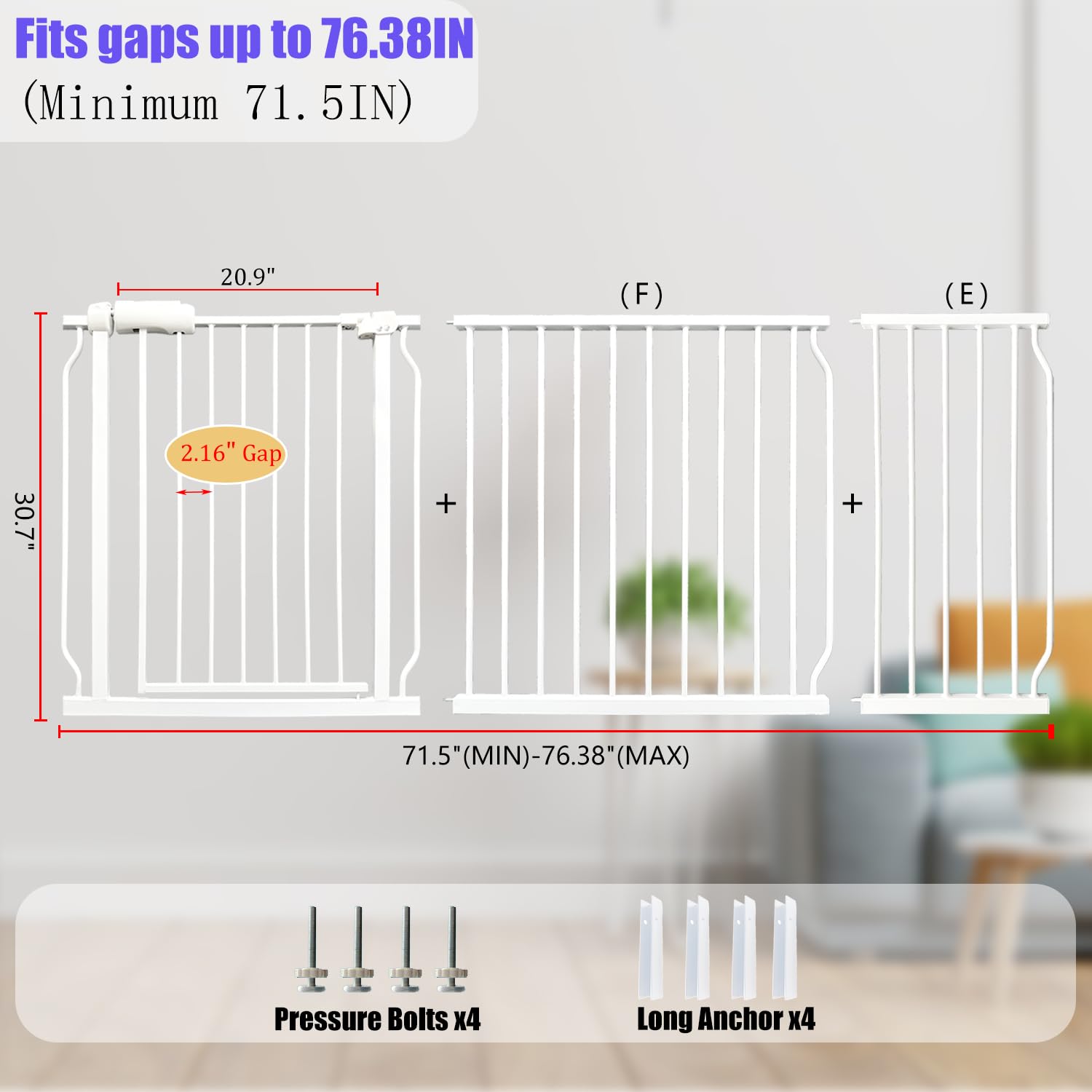 Extra Wide Baby Gate 71.5-76.4 Inch - No Drill Pressure Mounted Safety Gate for Stairs, Doorways, Hallways - Indoor Pet & Dog Gate for Kids, Toddlers - Perfect for Homes with Wide Openings & Staircase Safety