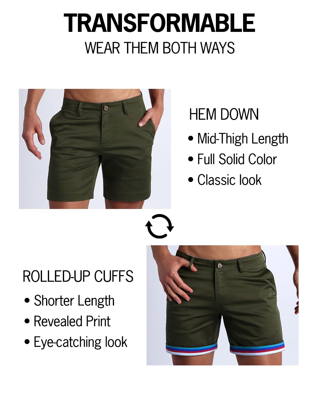 **Men's Stretchy Chino Shorts - Comfortable Cotton Casual Streetwear with Reversible Cuffs | Perfect for Summer, Gym, and Outdoor Activities**