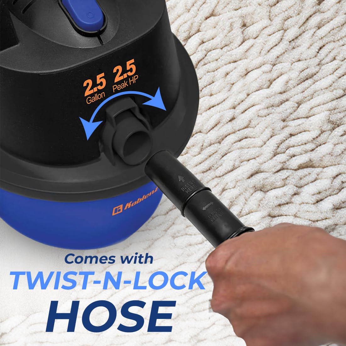 Koblenz WD-2.5L Portable Wet Dry Vacuum Cleaner - 2.5 Gallon Powerful Suction & Blower for Liquids, Dust, Pet Hair - 10ft Reach with Wall Mount & Accessories - Ideal for Car Cleaning, Home, Workshop & Garage (Blue/Black)