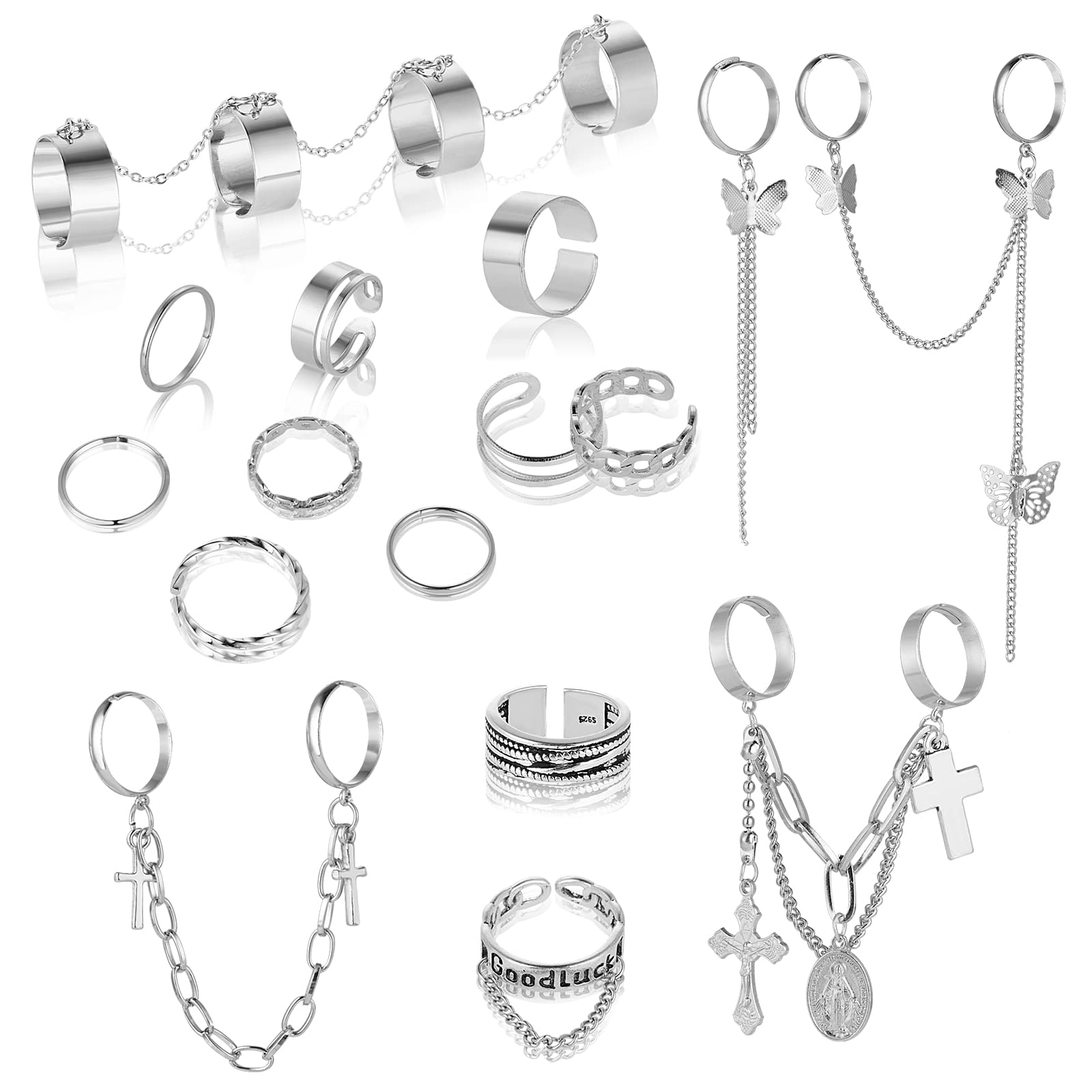 Yolev 17PCS Adjustable Stackable Vintage Silver Rings Set - Gothic Punk Chain Finger Rings for Women & Men - Smiley Cross Butterfly Knuckle Rings Alloy Jewelry - Perfect for Parties, Concerts & Gothic Fashion