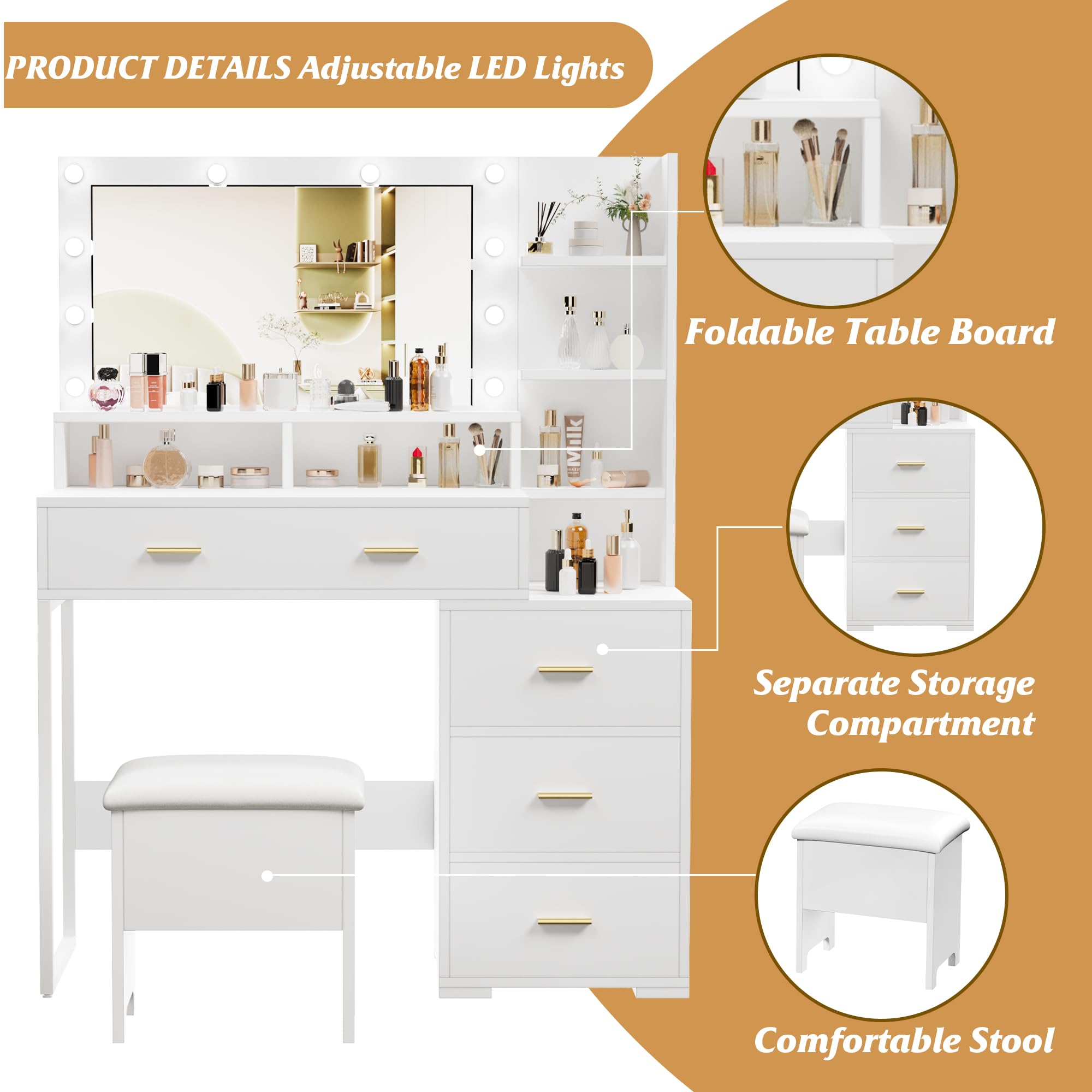 LED Makeup Vanity Desk with Mirror & 9 Lights, 5 Drawers for Bedroom Beauty