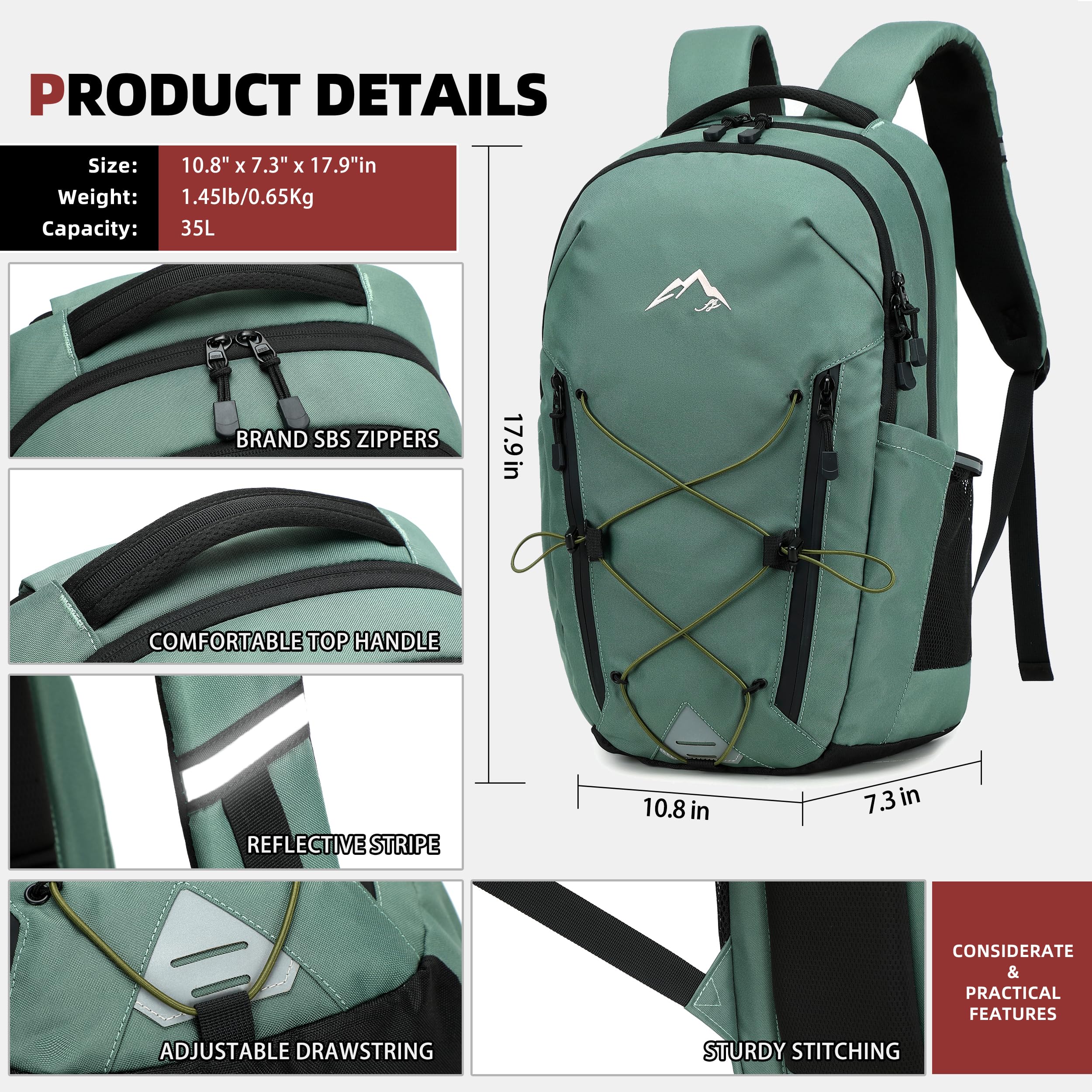 AO ALI VICTORY 15.6 Inch Laptop Backpack for Women & Men - Lightweight Water-Resistant College Bookbag, Travel Backpack for Hiking, Outdoor Sports & Daily Commute - Perfect for School, Work & Travel (Green)