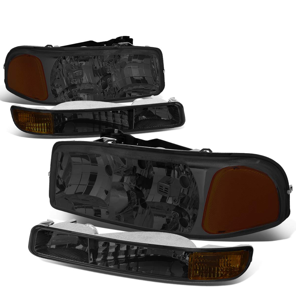 Auto Dynasty Headlights Assembly - Compatible with 1999-2007 GMC Sierra Yukon 1500 2500 3500, Halogen Replacement Headlamps for Driver & Passenger Side with Smoked Lens & Amber Corner Bumper Lamps - Perfect for Off-Roading, Night Driving & Vehicle Restoration Projects