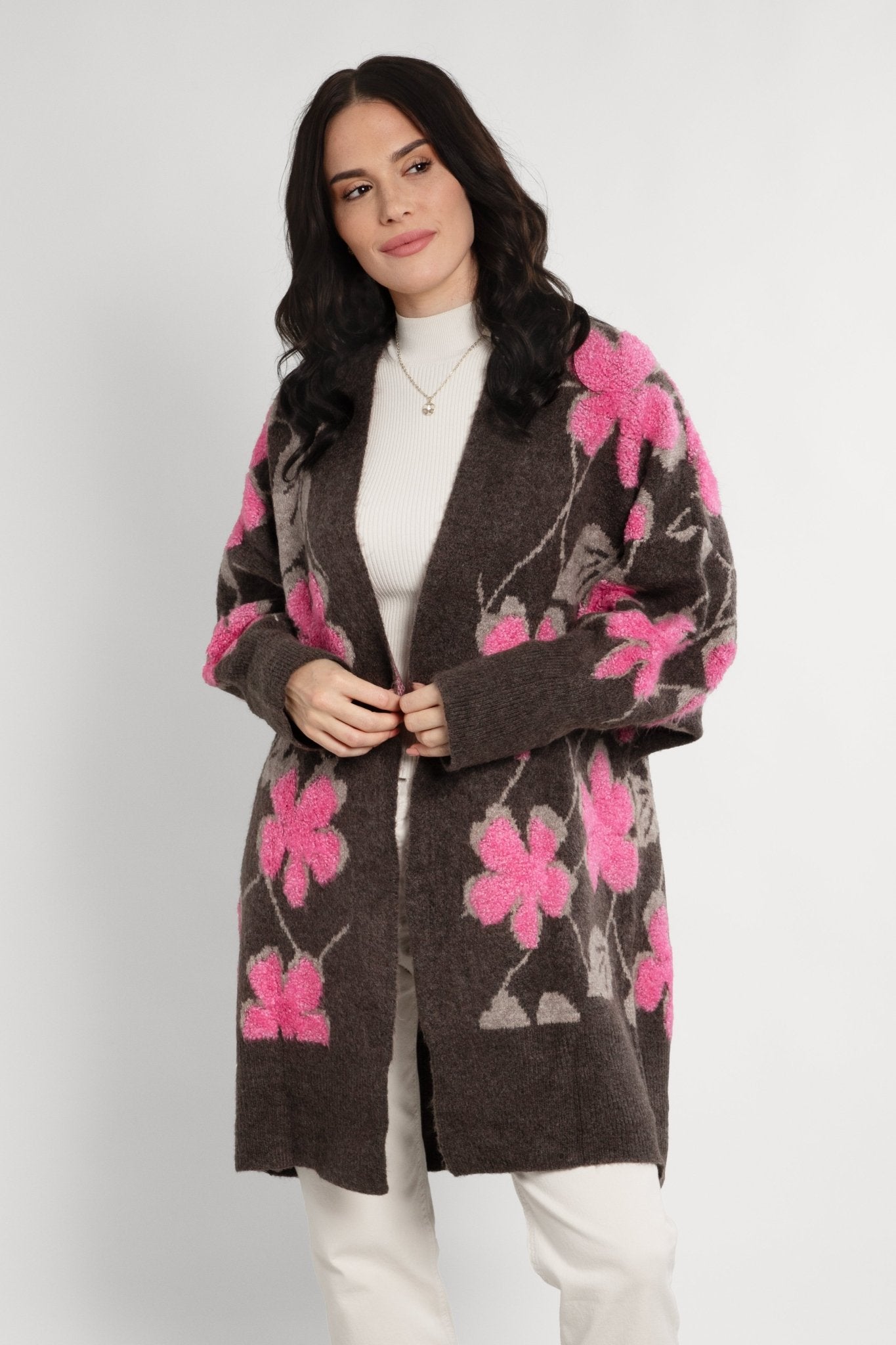 Floral Knitted Long Cardigan for Women - Boho Chic Lace-Up Open Front Sweater for Spring & Fall - Perfect for Casual Outfits, Office Wear, and Date Nights