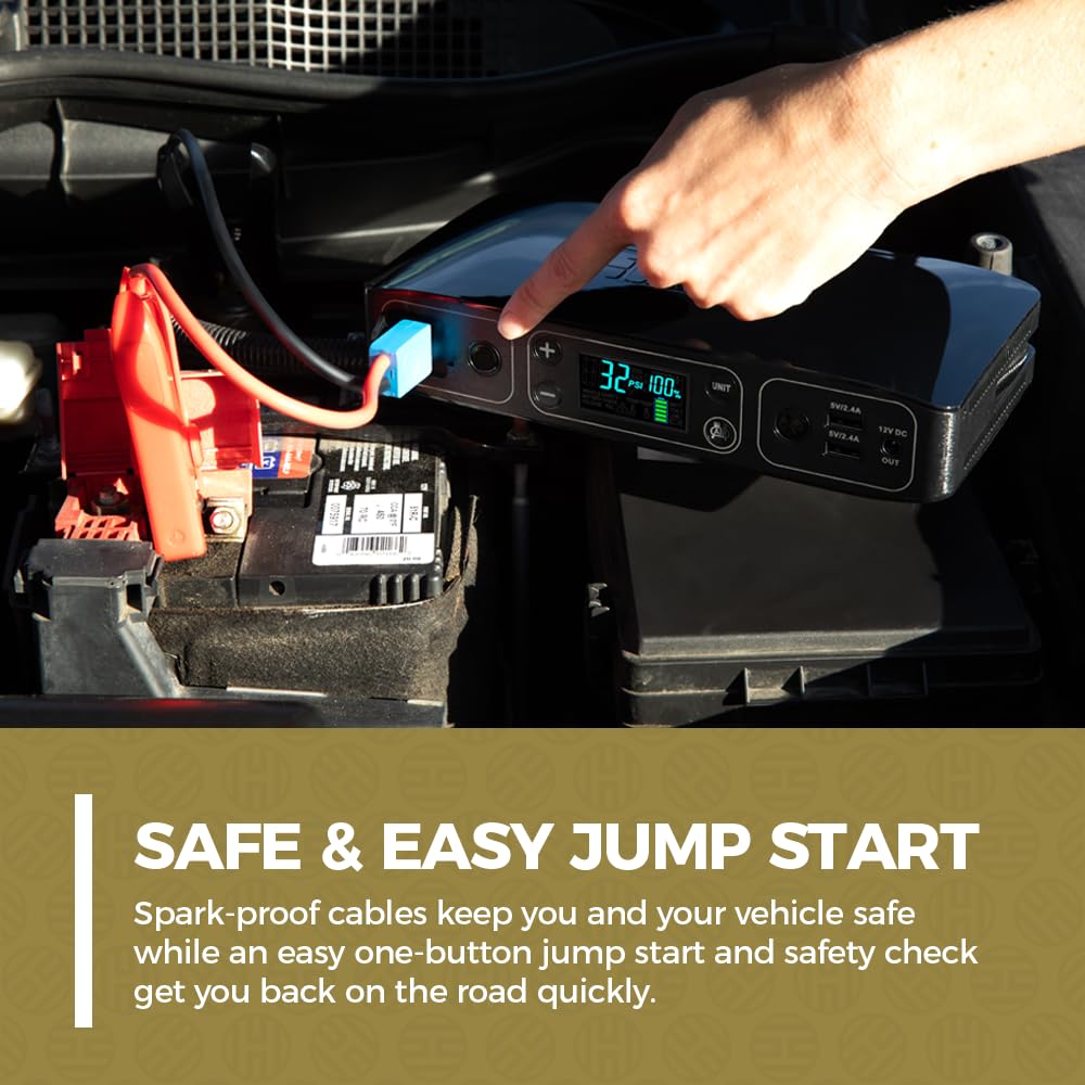 HALO Bolt Air+ Portable Car Jump Starter with Built-in Air Compressor, 58800mAh Power Bank with Digital Display for Phones & Tablets - Emergency Vehicle Battery Booster & AC Inverter for Road Trips & Outdoor Adventures