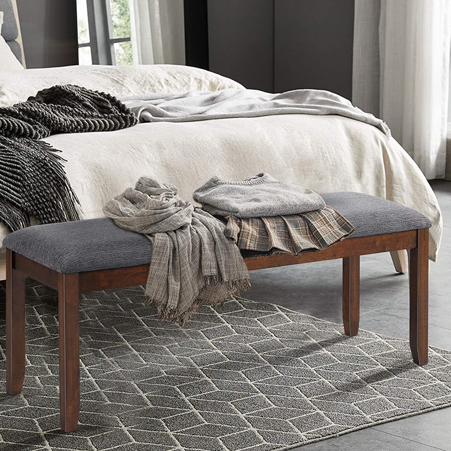 SAFSTAR Upholstered Ottoman Dining Table Bench with Rubber Wood Frame, 47.5 x 15.5 x 19.5 Inches, Wooden Bench for Dining Room, Living Room, Hallway, Bedroom, Perfect for Small Spaces and Cozy Corners (2)