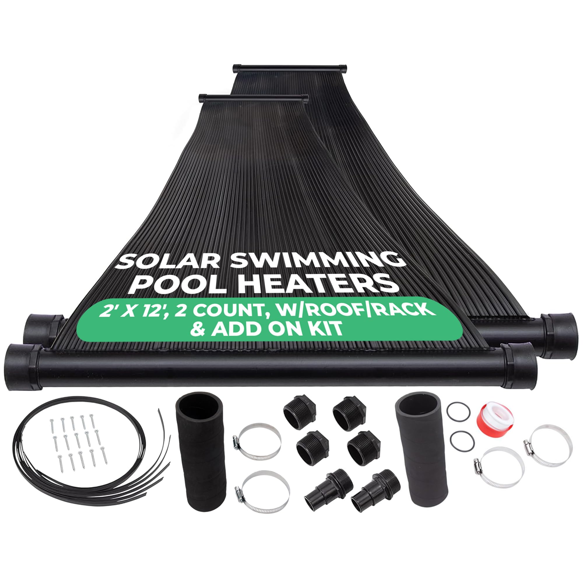 SunQuest Solar Pool Heater Panels - 2 Pack (2ft x 12ft) Solar Water Heating System with Roof/Rack Mount & Add-on Kit for Above Ground and Inground Pools | DIY Installation | UV-Resistant Polypropylene Panels | Perfect for Backyard, Residential and Commercial Pool Heating