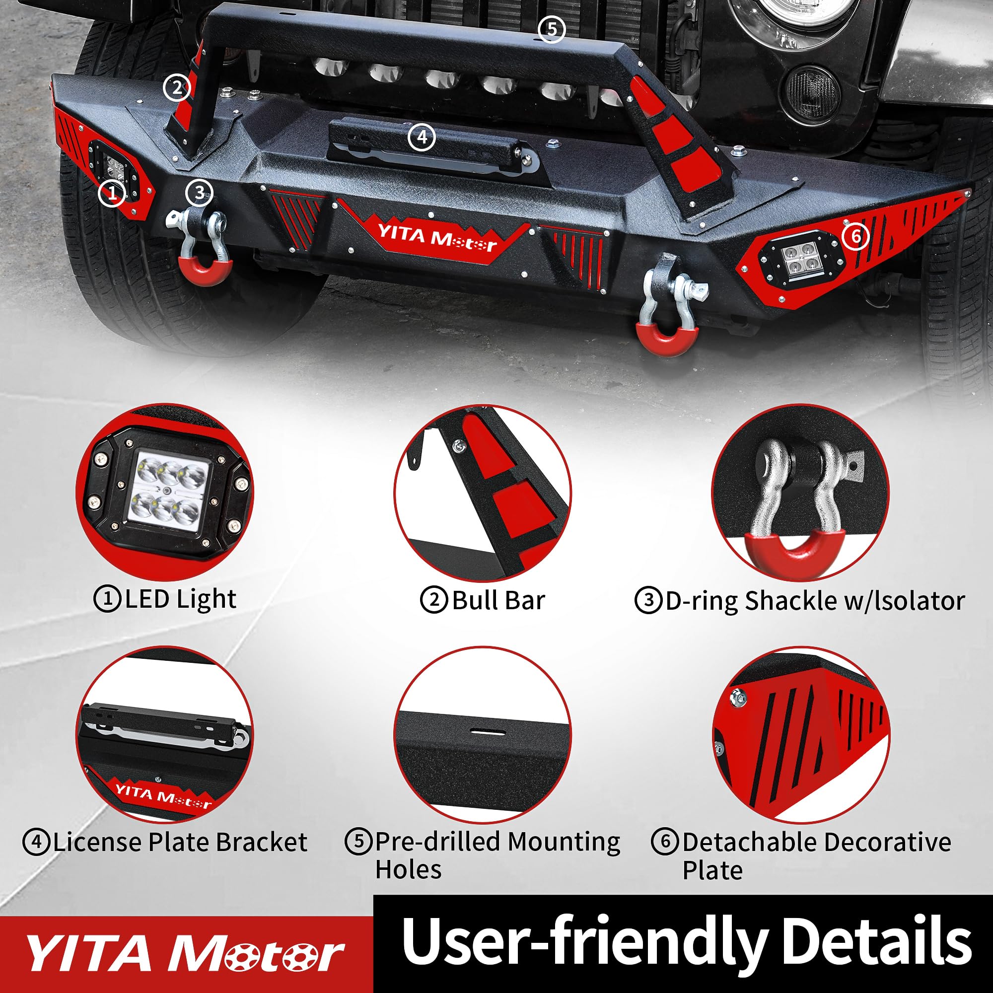 YITAMOTOR Heavy Duty Front Bumper for 2007-2018 Jeep Wrangler JK & JKU Unlimited - Rock Crawler Off-Road Bumper with Winch Plate, LED Lights, D-Rings & License Plate Bracket | Perfect for Off-Roading, Rock Crawling & Jeep Modifications