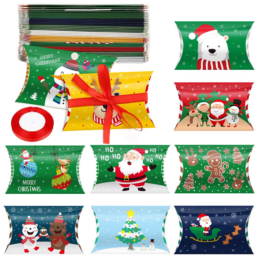 CCINEE Christmas Pillow Boxes - 50PCS Xmas Candy Gift Boxes with Red Ribbon Ties, Santa Elk Design for Holiday Party Favors, Stocking Stuffers & Christmas Gift Card Holders | Perfect for Holiday Decorations, Office Gifts & Festive Celebrations