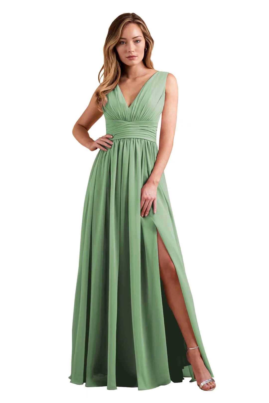 TORYEMY Women's Long Chiffon Bridesmaid Dress with High Slit & Double V-Neck - Elegant Pleated Formal Gown for Weddings, Prom, Evening Parties and Special Occasions