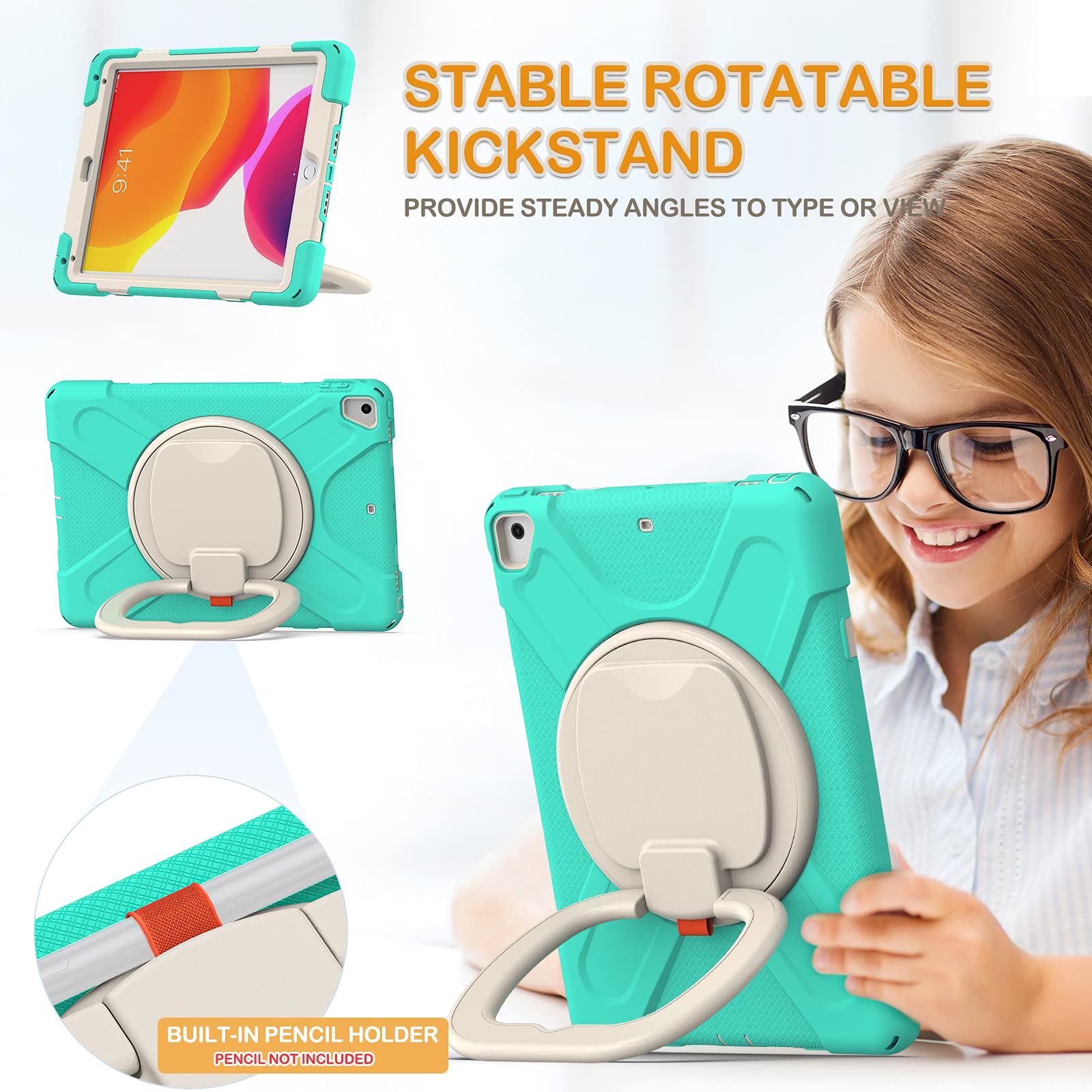 BRAECN 360° Rotating Protective Case for iPad 6th/5th Gen 9.7 Inch - Shockproof Full-Body Cover with Hand Grip, Pencil Holder, Kickstand & Shoulder Strap - Mint Green - Perfect for Work, Travel & School Use