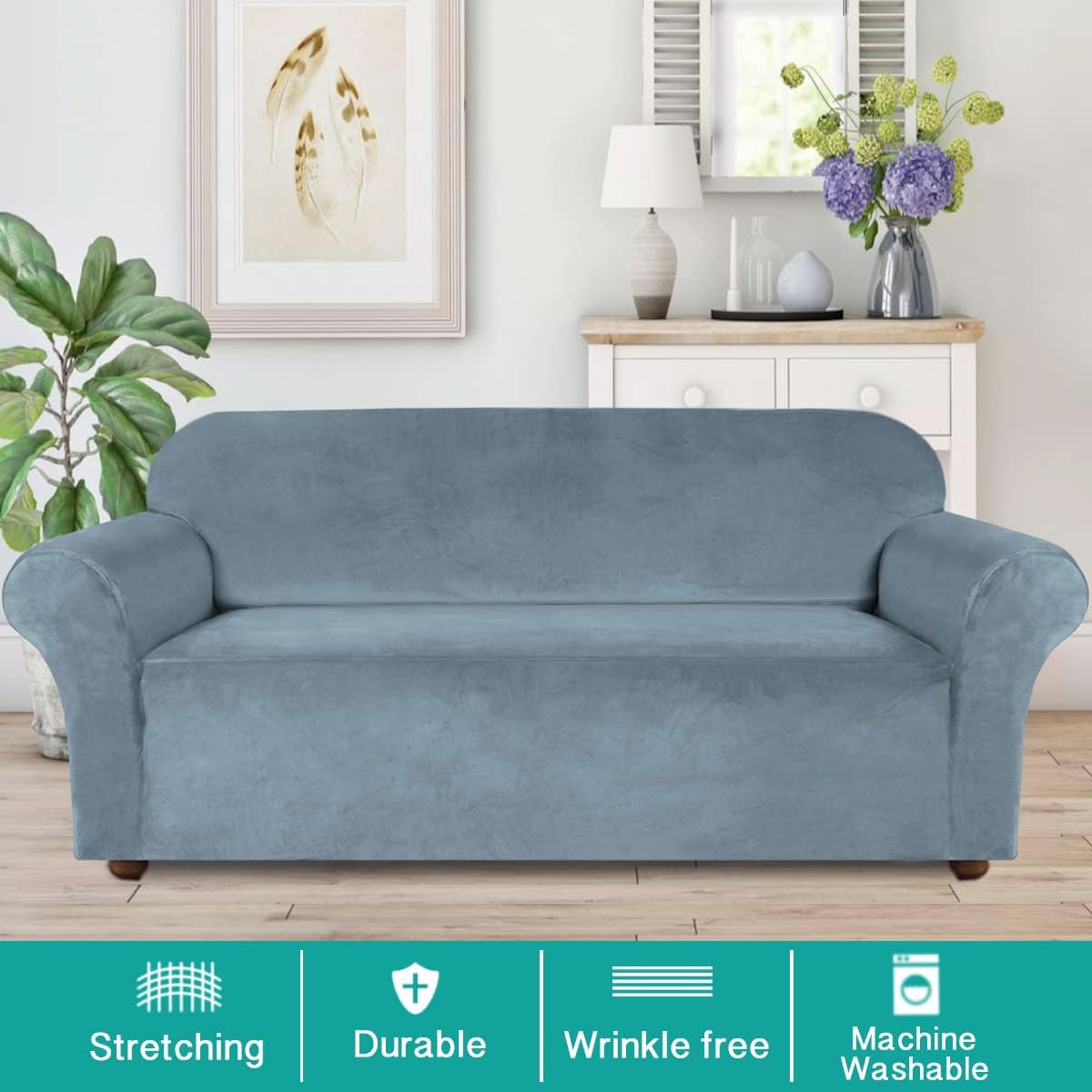 **Turquoise Velvet Sofa Cover for 3-Cushion Couch - Stretchable Slipcover with Non-Slip Elastic Bottom, Soft Thick Velvet Fabric, Pet & Furniture Protector (Stone Blue) - Perfect for Living Room, Home Decor & Pet-Friendly Spaces**