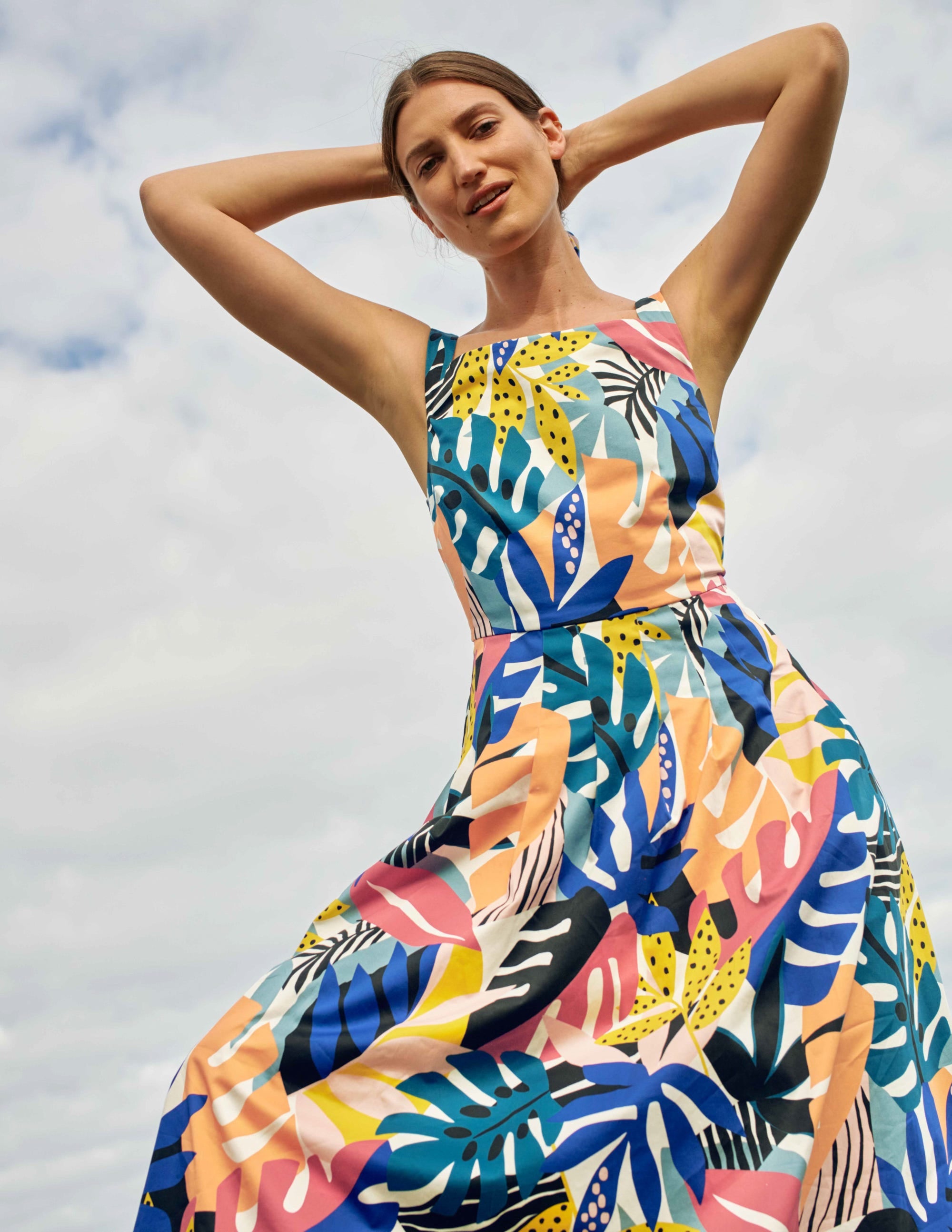 Aubrey Cotton Midi Dress in Ivory with Leafy Tropics Print - Perfect for Summer Vacations, Beach Weddings & Boho Chic Outfits