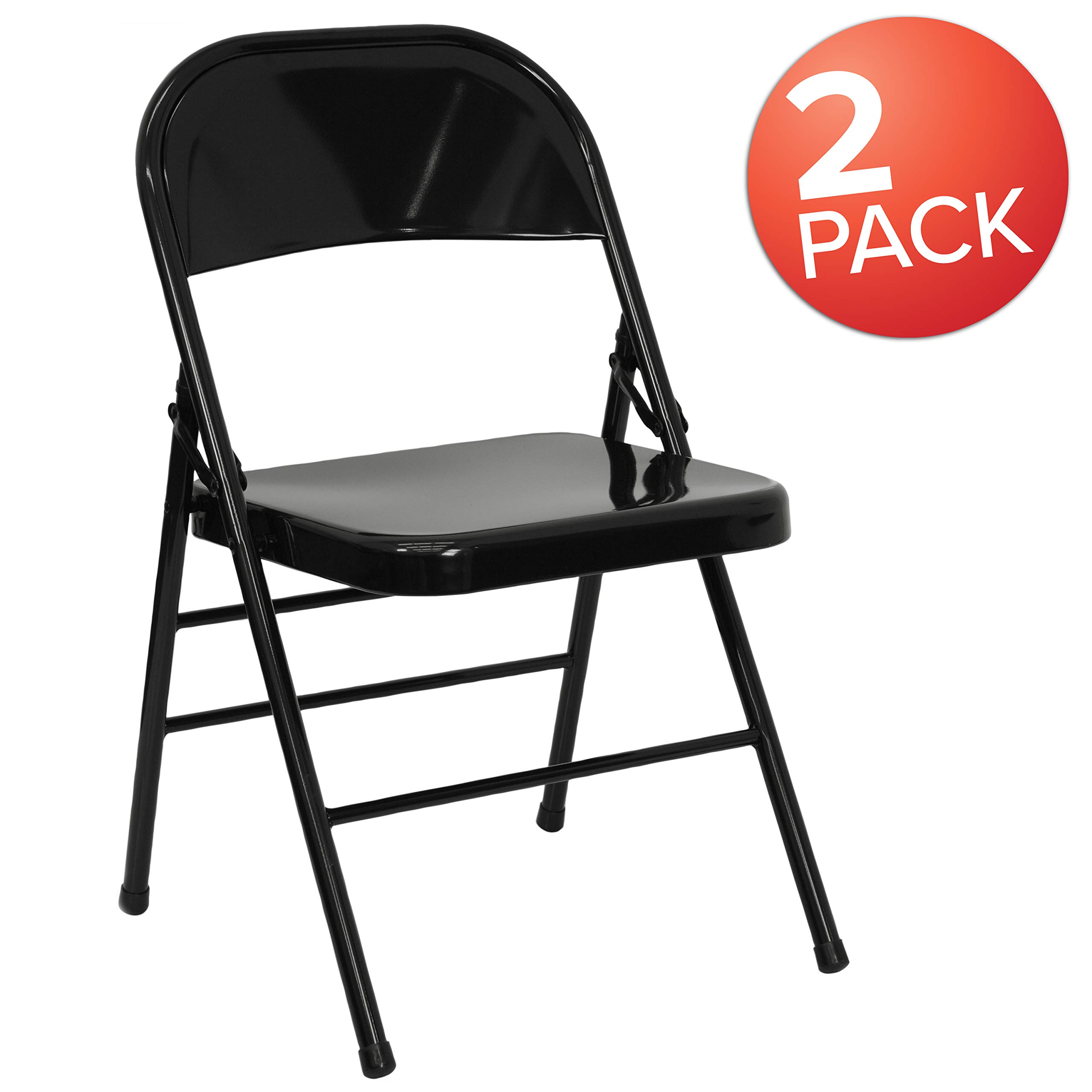 EMMA + OLIVER 2 Pack Heavy Duty Black Metal Folding Chairs - Triple Braced & Double Hinged for Stability, Indoor Outdoor Use for Parties, Weddings, Events & Camping