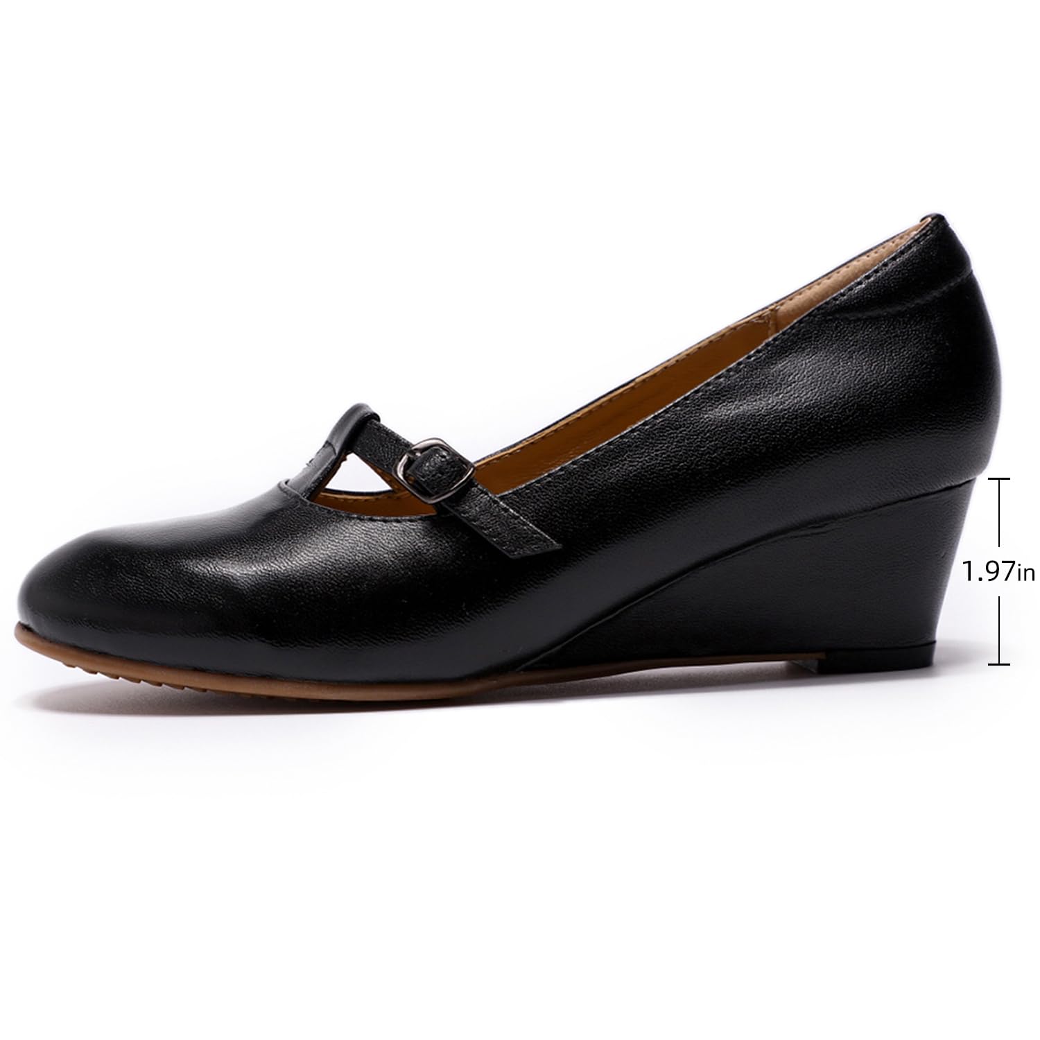 Women's Leather Mary Jane Wedge Pumps - Closed Toe Mid Heel Dress Shoes for Ladies | Comfortable & Stylish for Office, Wedding & Formal Occasions